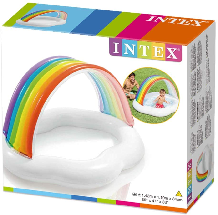 Verpackung eines aufblasbaren Intex Regenbogen-Planschbeckens für Kinder mit weißem Becken und Regenbogen-Sonnenschutz.