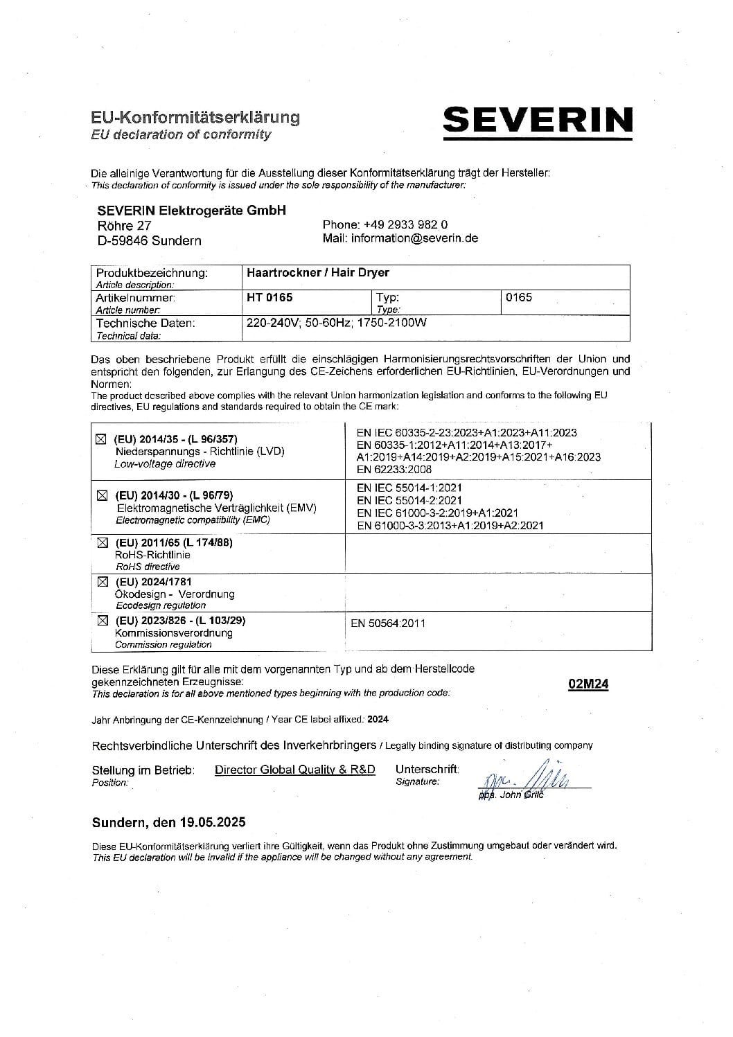Deklaracja zgodności UE Severin dla suszarki do włosów, z danymi technicznymi i normami.