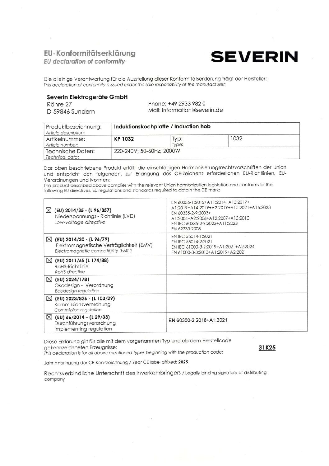 Deklaracja zgodności UE dla płyty indukcyjnej Severin KP 1032 z danymi technicznymi.