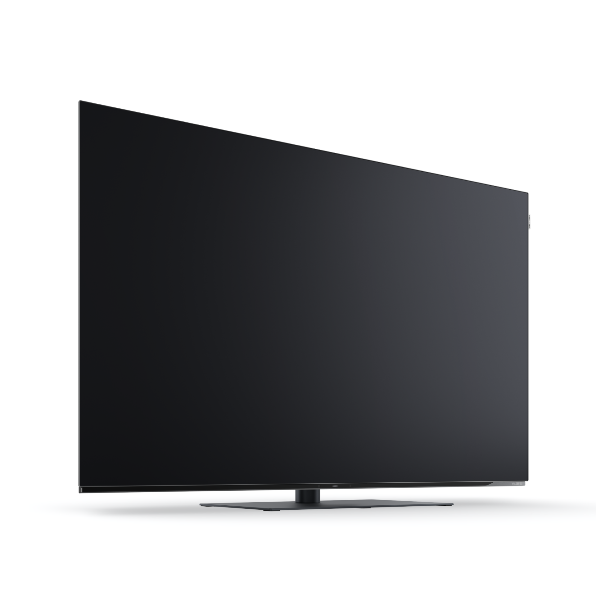 Ein schlanker schwarzer Fernseher auf einem weißen Hintergrund.