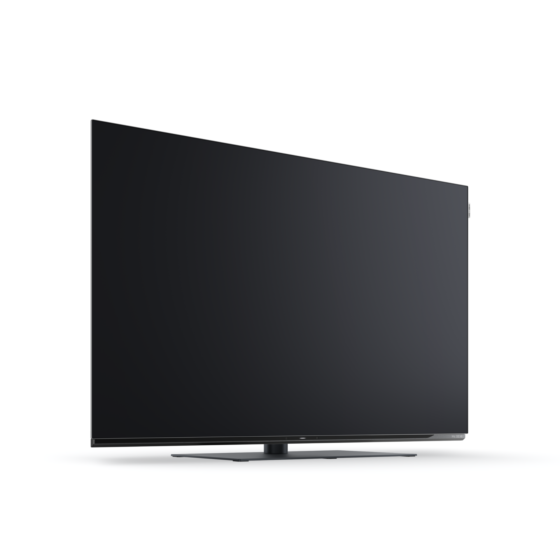Ein schlanker schwarzer Fernseher steht auf einer flachen Halterung vor einem weißen Hintergrund.
