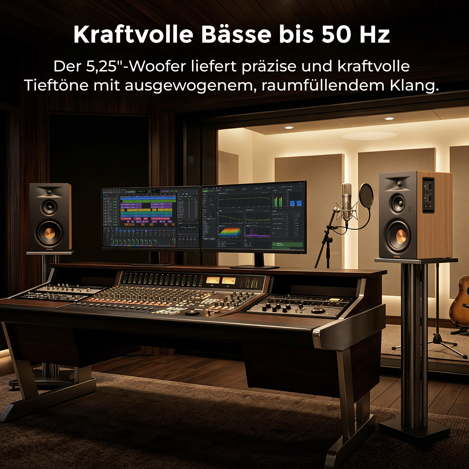 Ein professionelles Musikstudio mit zwei Bildschirmen, großem Mischpult und Studiomonitoren.