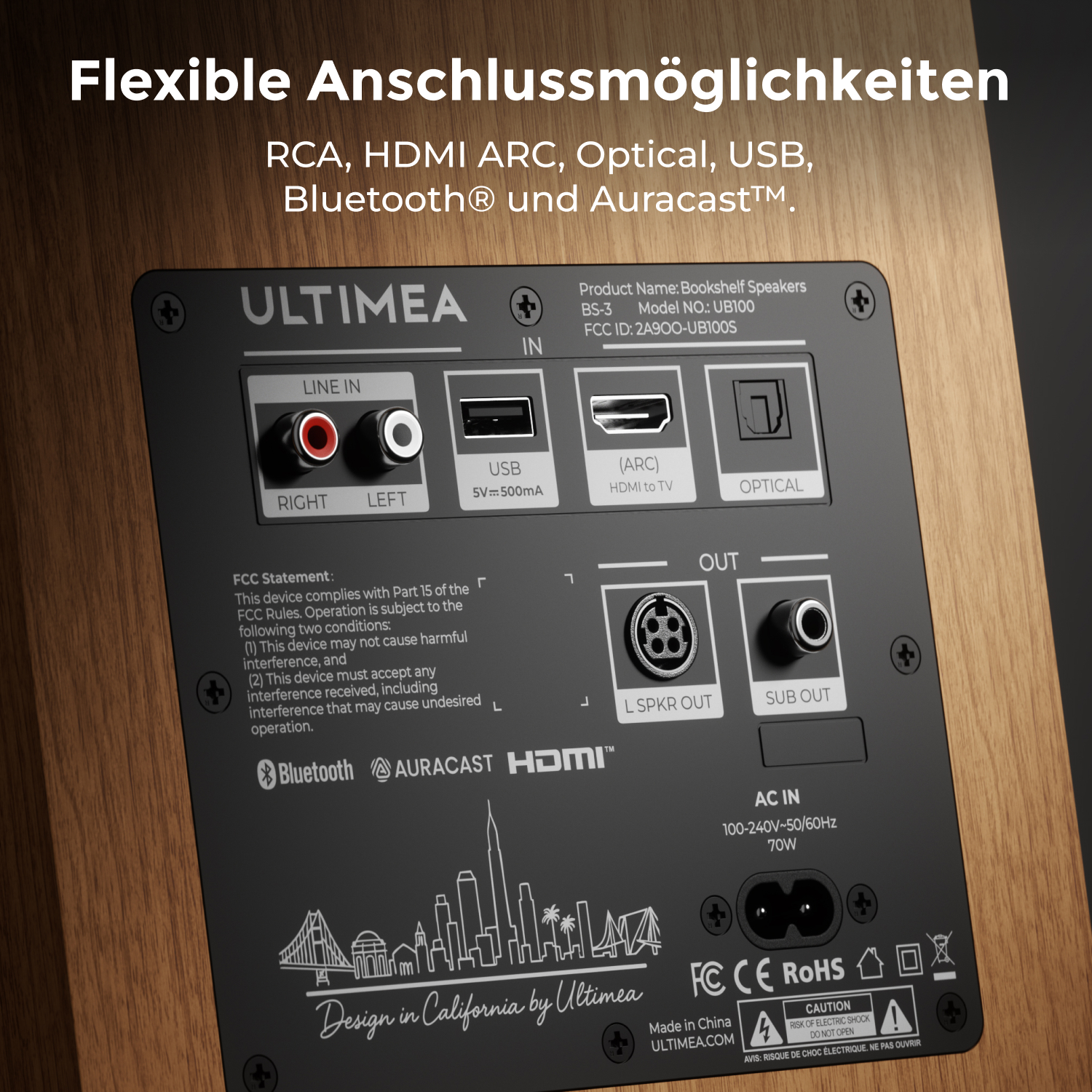 Rückseite eines Ultimea-Lautsprechers mit verschiedenen Anschlüssen wie RCA, USB, HDMI ARC und optischem Eingang.