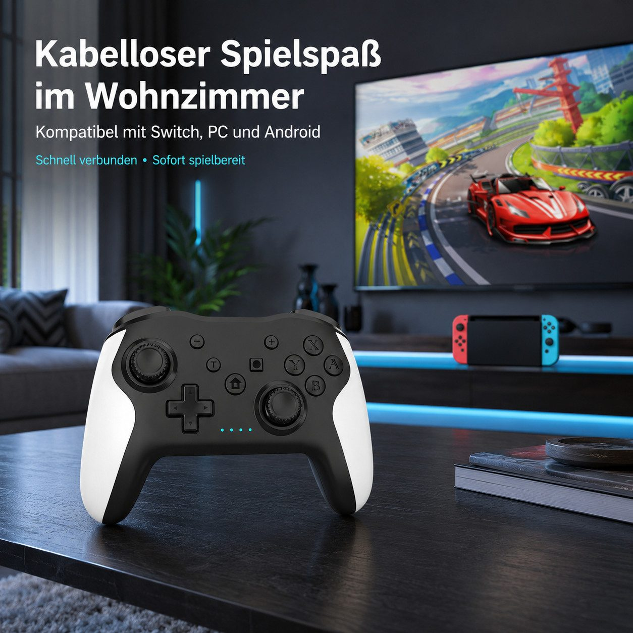 Ein schwarzer und weißer Wireless-Controller auf einem Holztisch vor einem Fernseher mit Rennspiel.