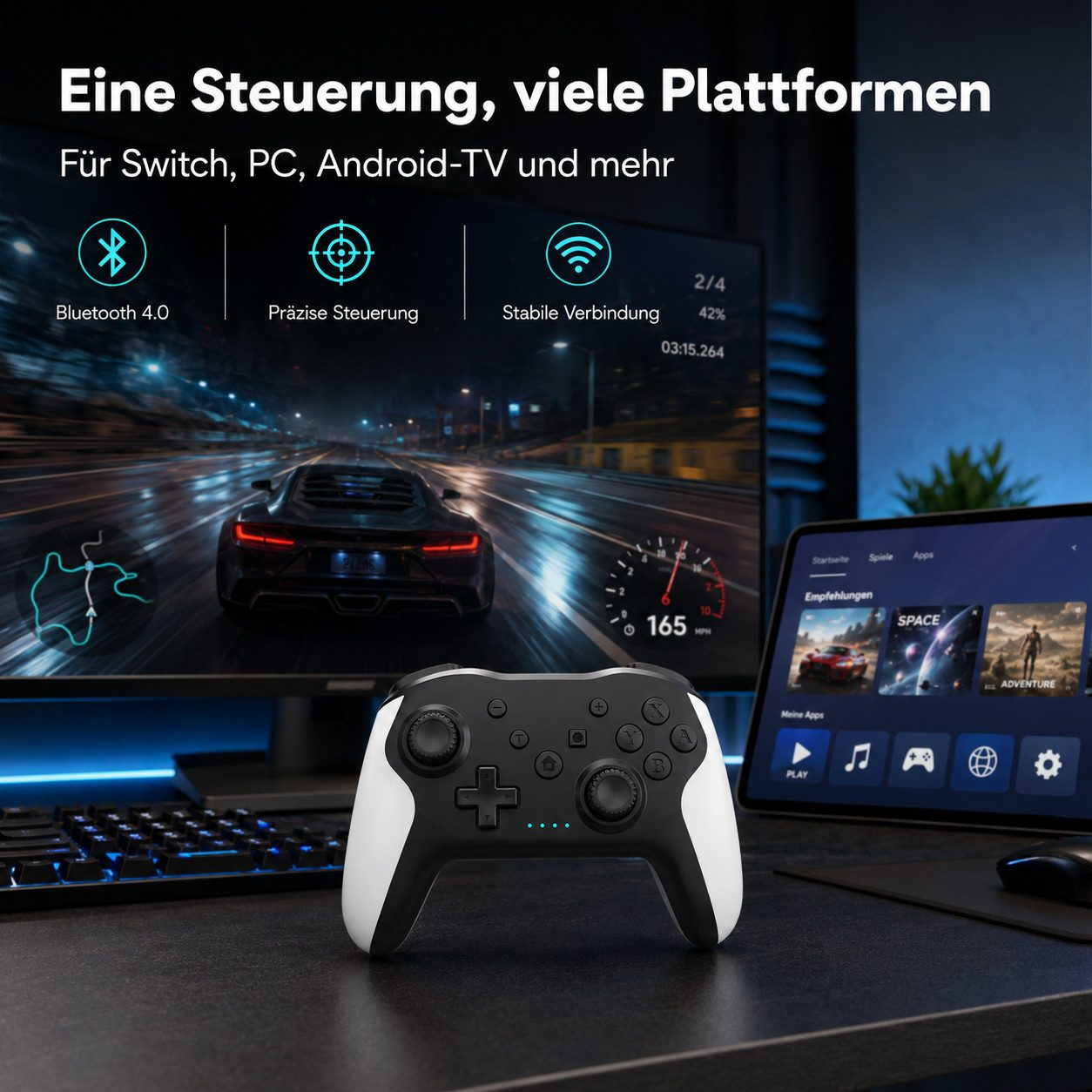 Ein schwarz-weißer Controller auf einem Tisch vor einem Monitor und Tablet mit Rennspiel.