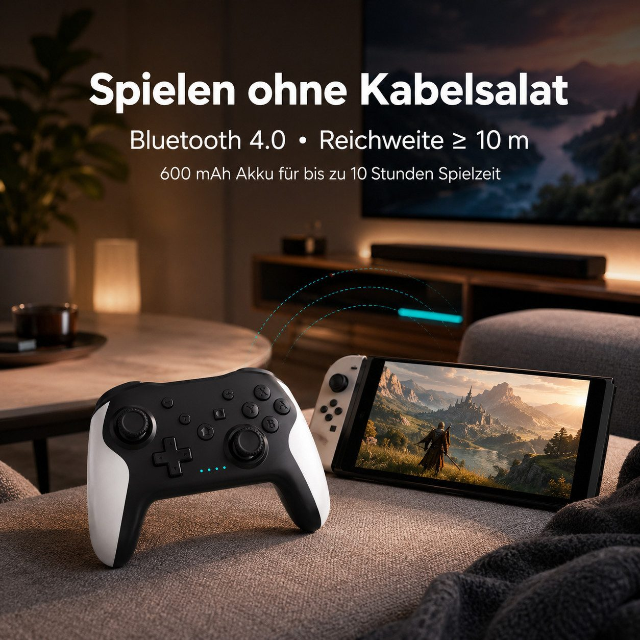 Ein schwarzer und weißer Wireless-Controller liegt neben einer tragbaren Konsole auf einem Sofa.
