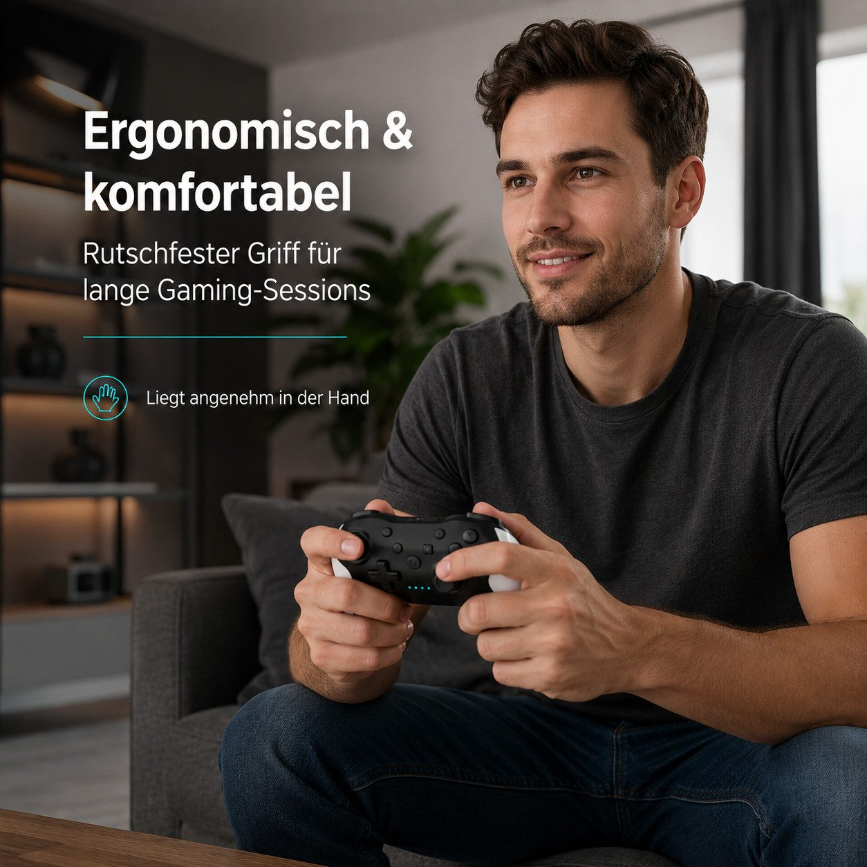 Ein junger Mann sitzt auf einem Sofa und hält einen schwarzen Gaming-Controller in den Händen.