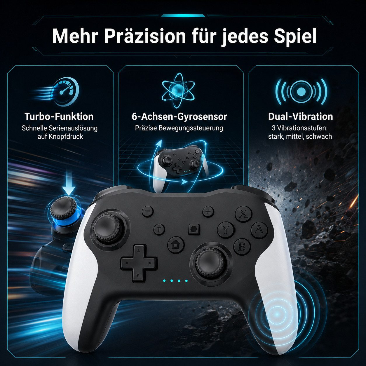 Gaming-Controller mit Turbo, Gyrosensor und Dual-Vibration.