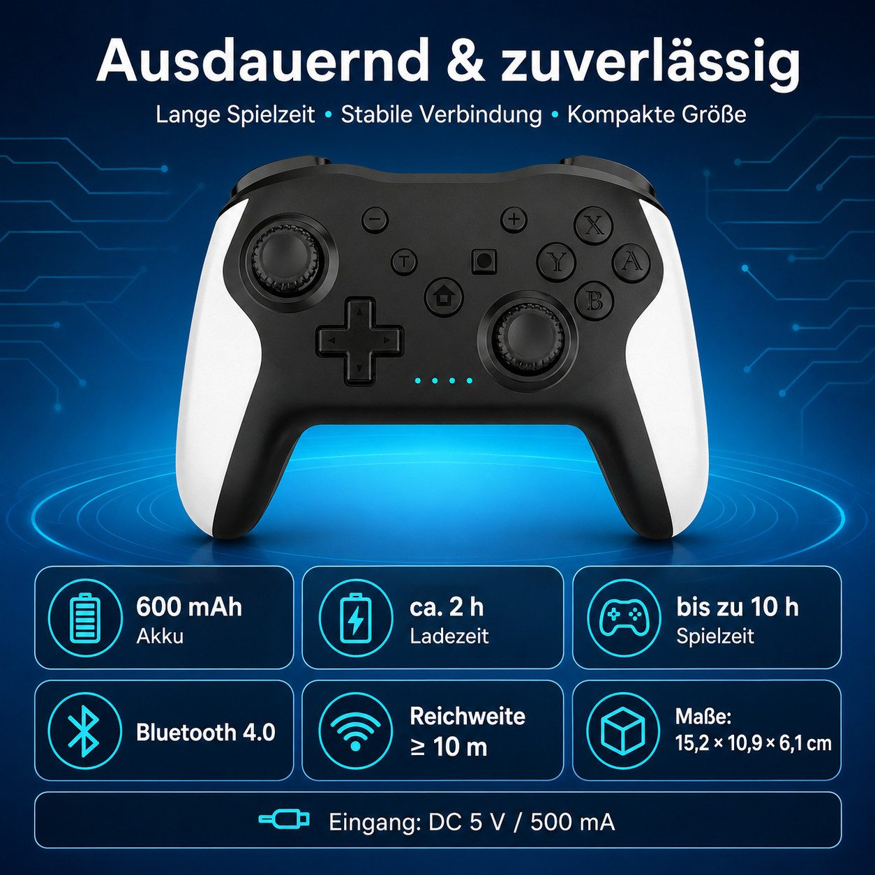 Ein schwarz-weißer Gamecontroller vor blauem Hintergrund mit technischen Produktdetails.