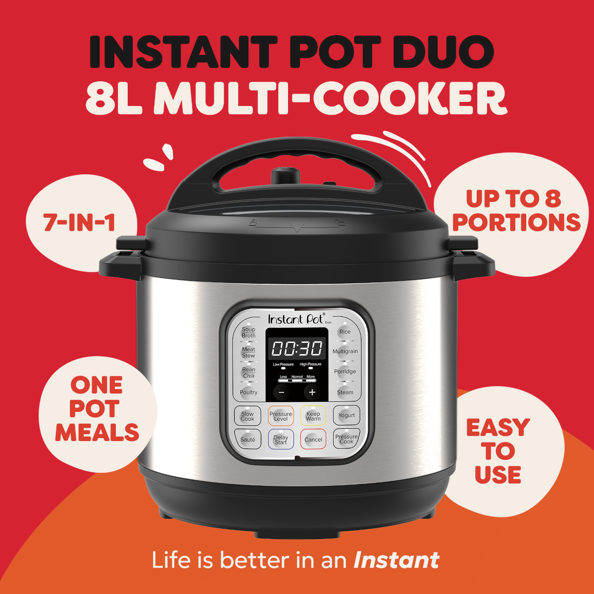 Ein Instant Pot Duo 8L Multikocher zentriert auf rotem Hintergrund mit Werbe-Sprechblasen.