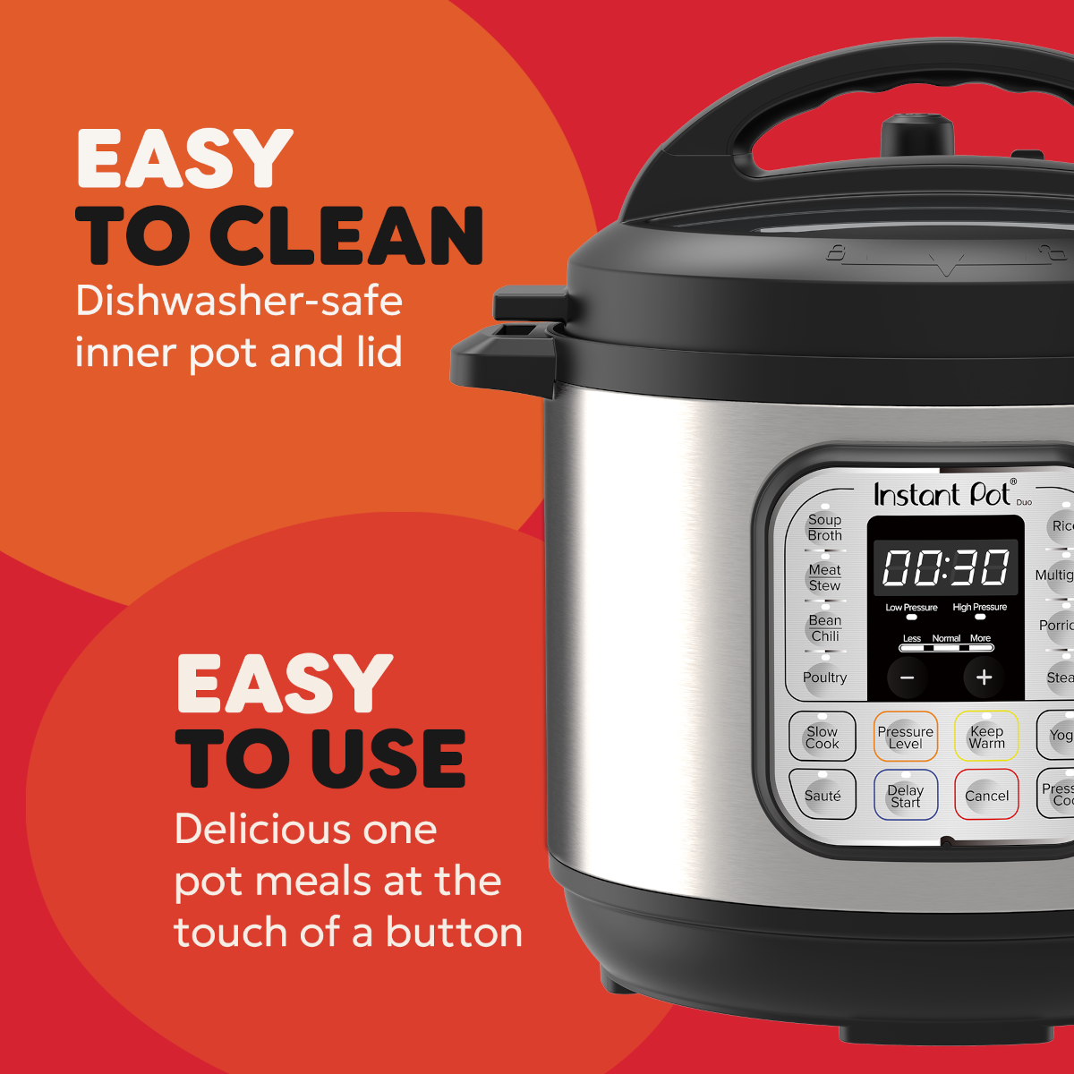 Instant Pot Schnellkochtopf vor rotem Hintergrund mit Text zu Reinigung und Bedienung.