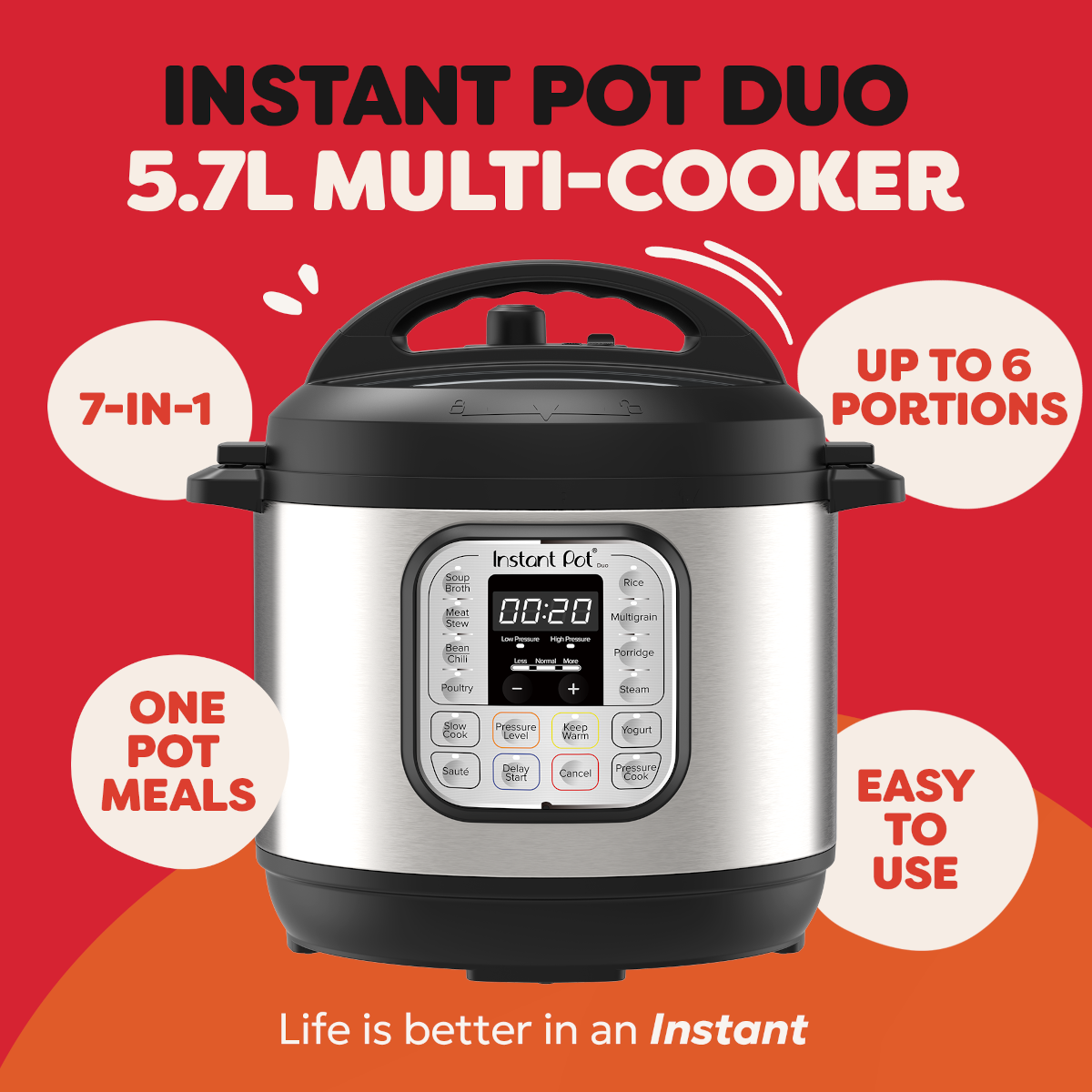 Instant Pot Duo 5.7L Multikocher vor rotem Hintergrund mit Werbetexten.