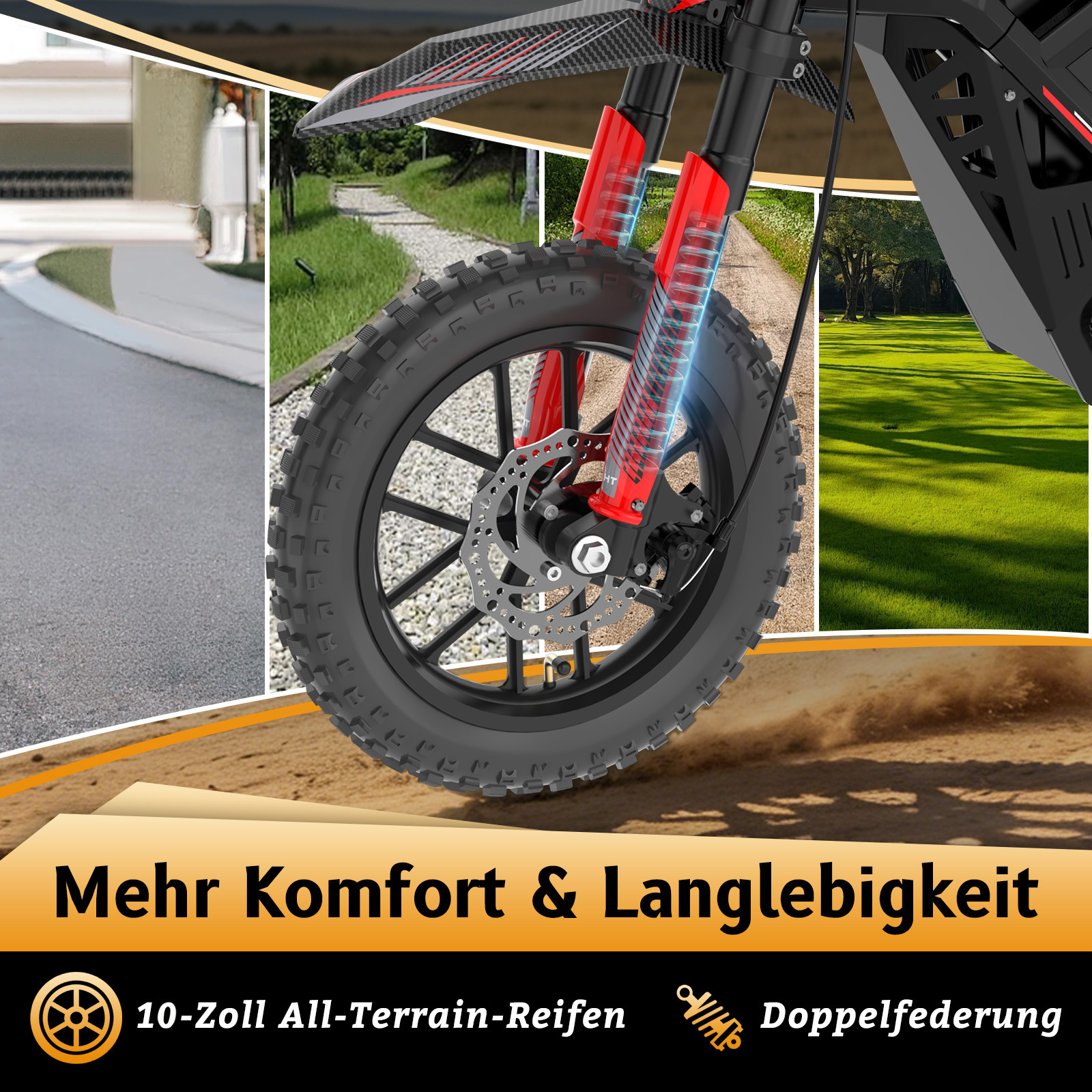 Dirtbike-Vorderrad mit All-Terrain-Reifen, roter Federung und Scheibenbremse vor verschiedenen Hintergründen.