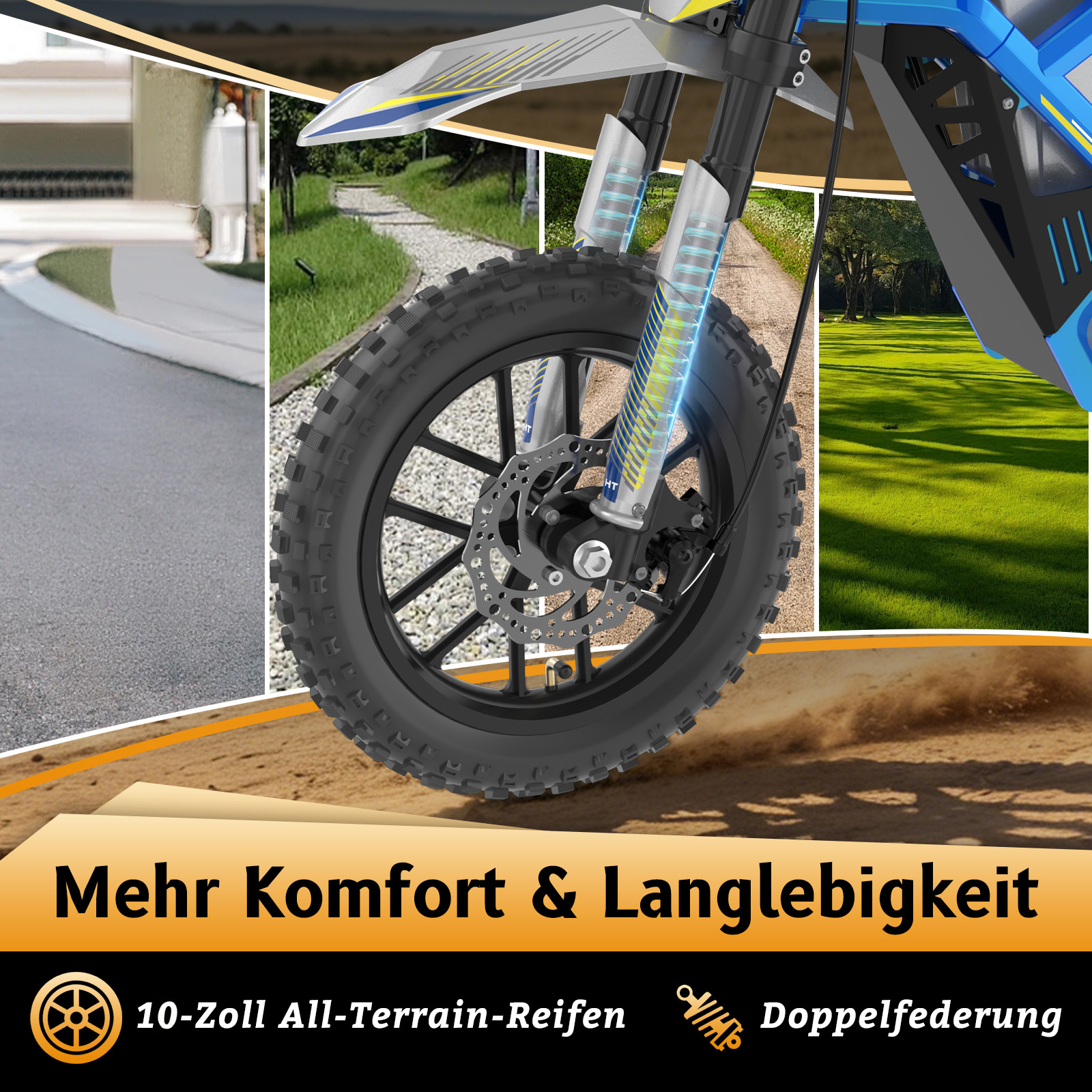Nahaufnahme eines blauen Kinder-Cross-Motorrads mit Offroad-Reifen und doppelter Federung vor verschiedenen Landschaften.