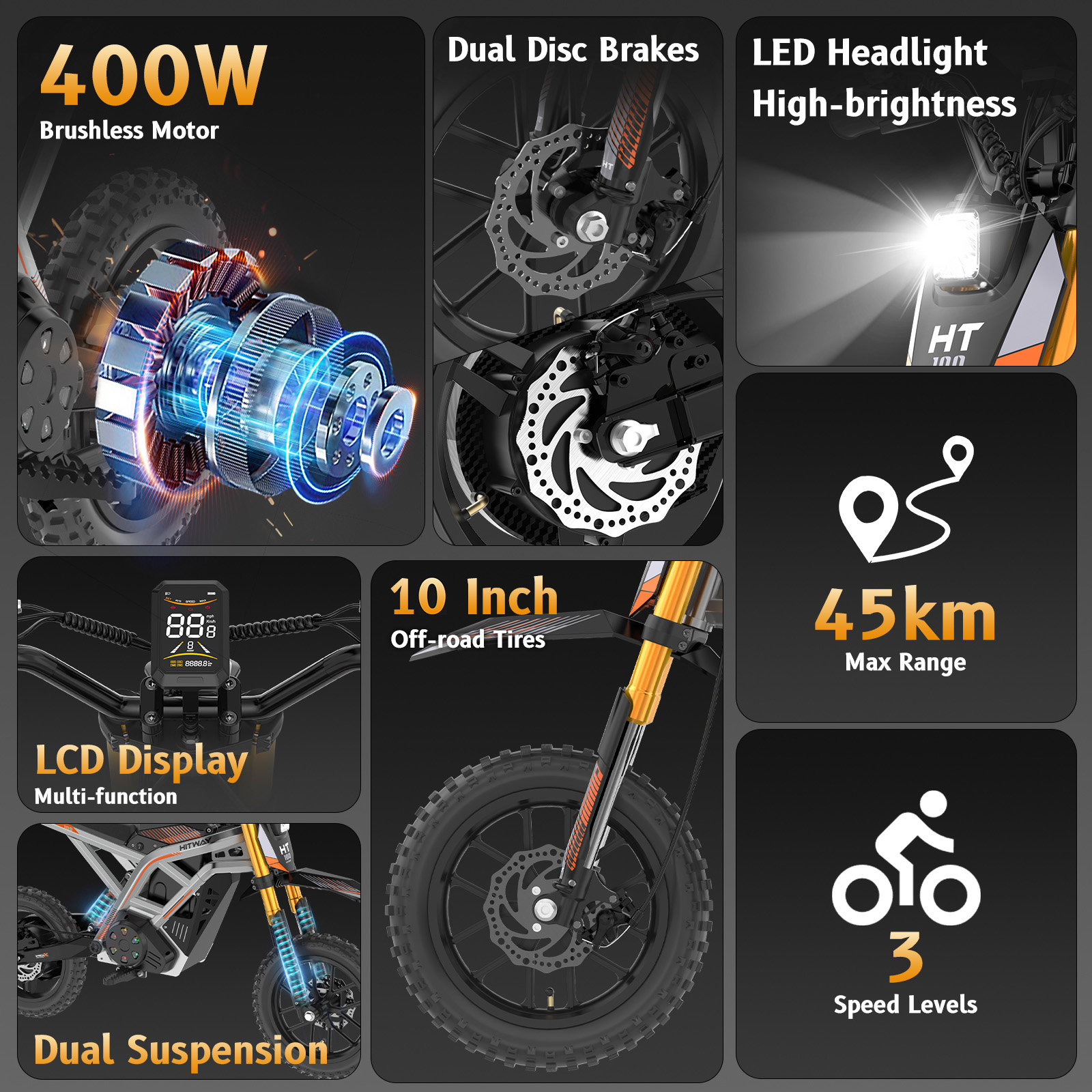Infografía de producto que muestra características de la e-bike como motor, frenos y pantalla.