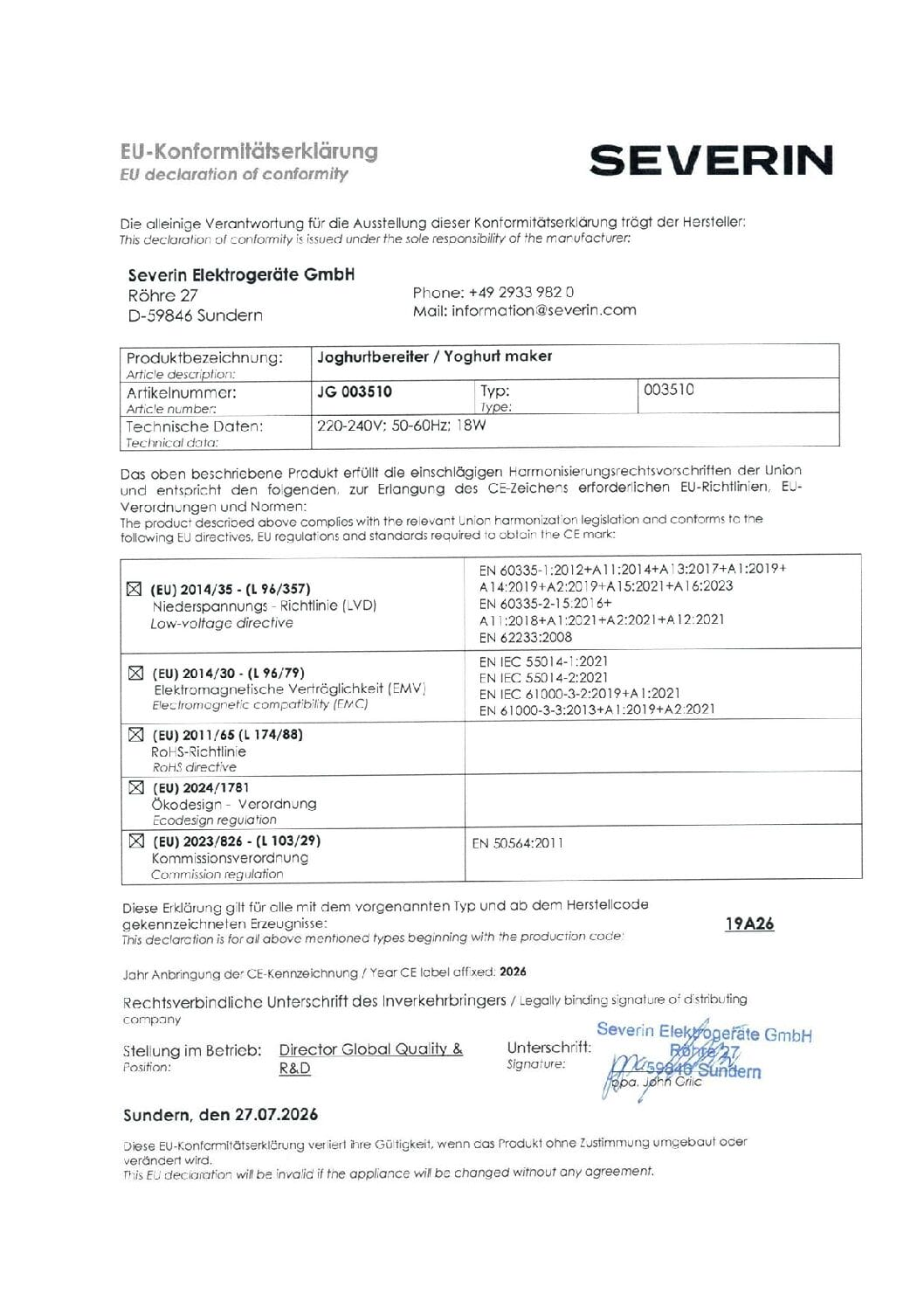 EU-Konformitätserklärung für Severin Joghurtbereiter JG 003510 mit technischen Daten und Unterschrift.