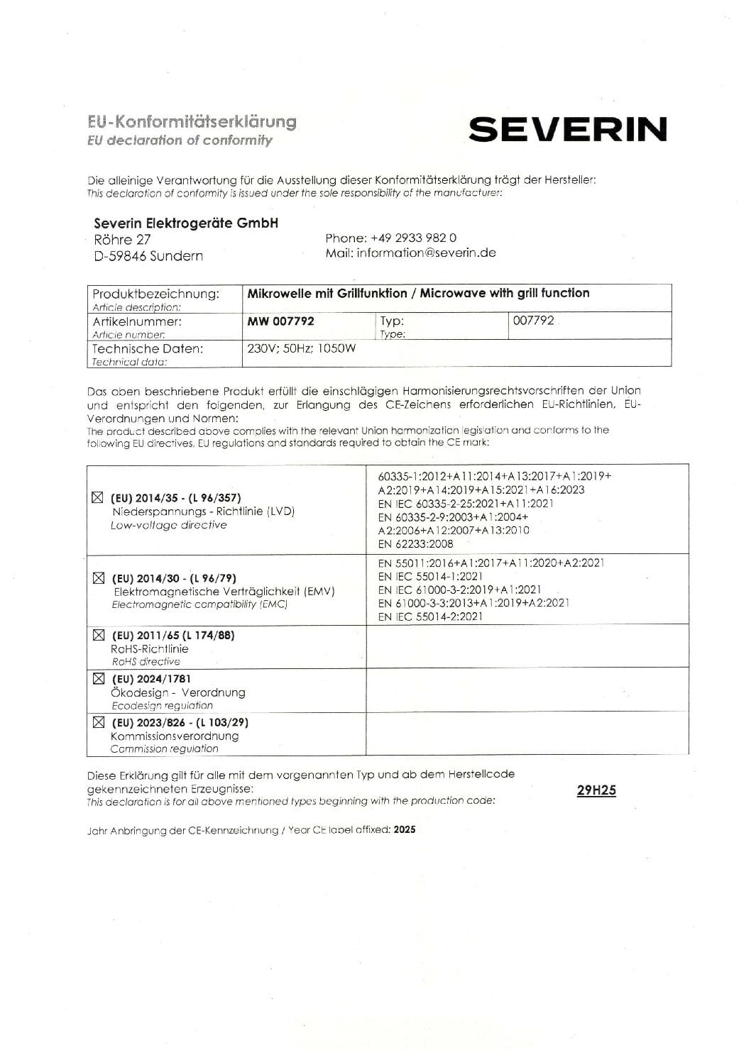 EU-Konformitätserklärung für Severin Mikrowelle mit Grillfunktion, Dokument mit technischen Daten und Normen.