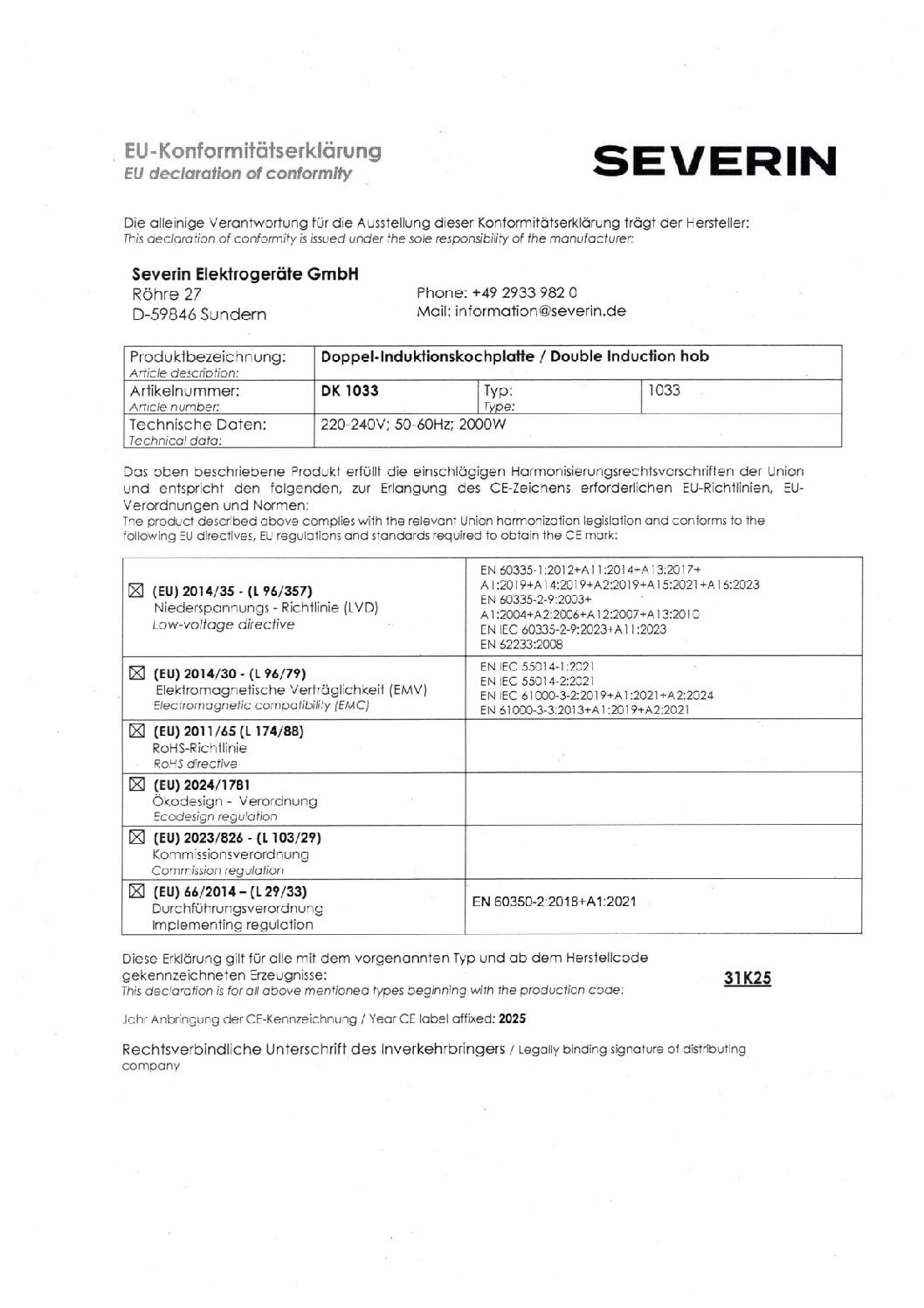 Deklaracja zgodności UE dla podwójnej płyty indukcyjnej SEVERIN, model DK 1033.