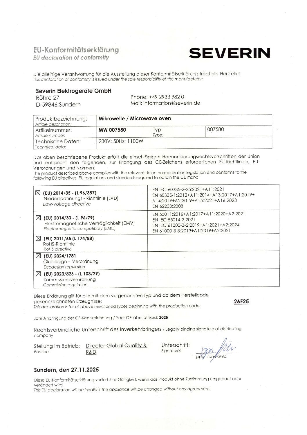 EU-Konformitätserklärung für Severin Mikrowelle MW 007580 mit technischen Daten und Unterschrift.