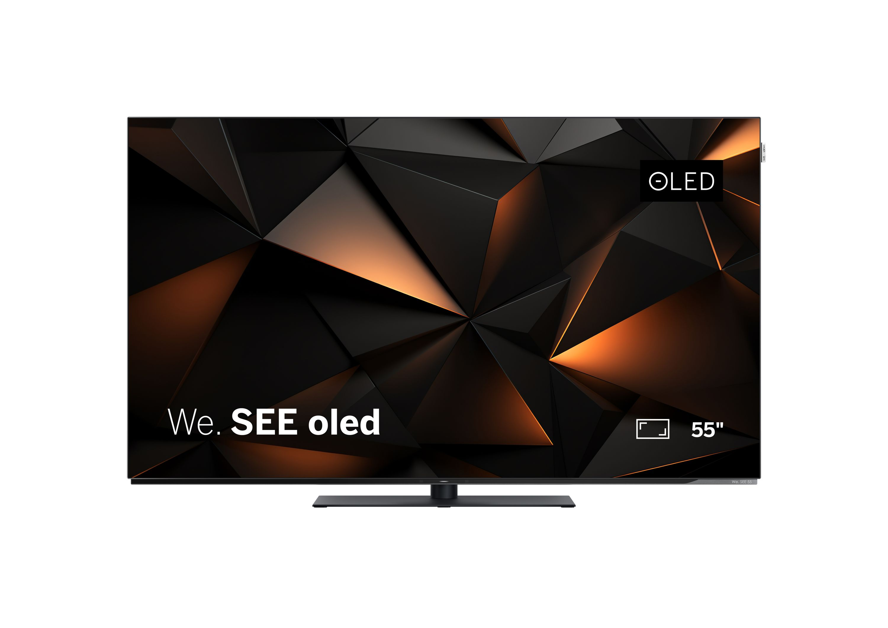 Una TV OLED da 55 pollici con uno sfondo astratto nero e la scritta We SEE oled sullo schermo.