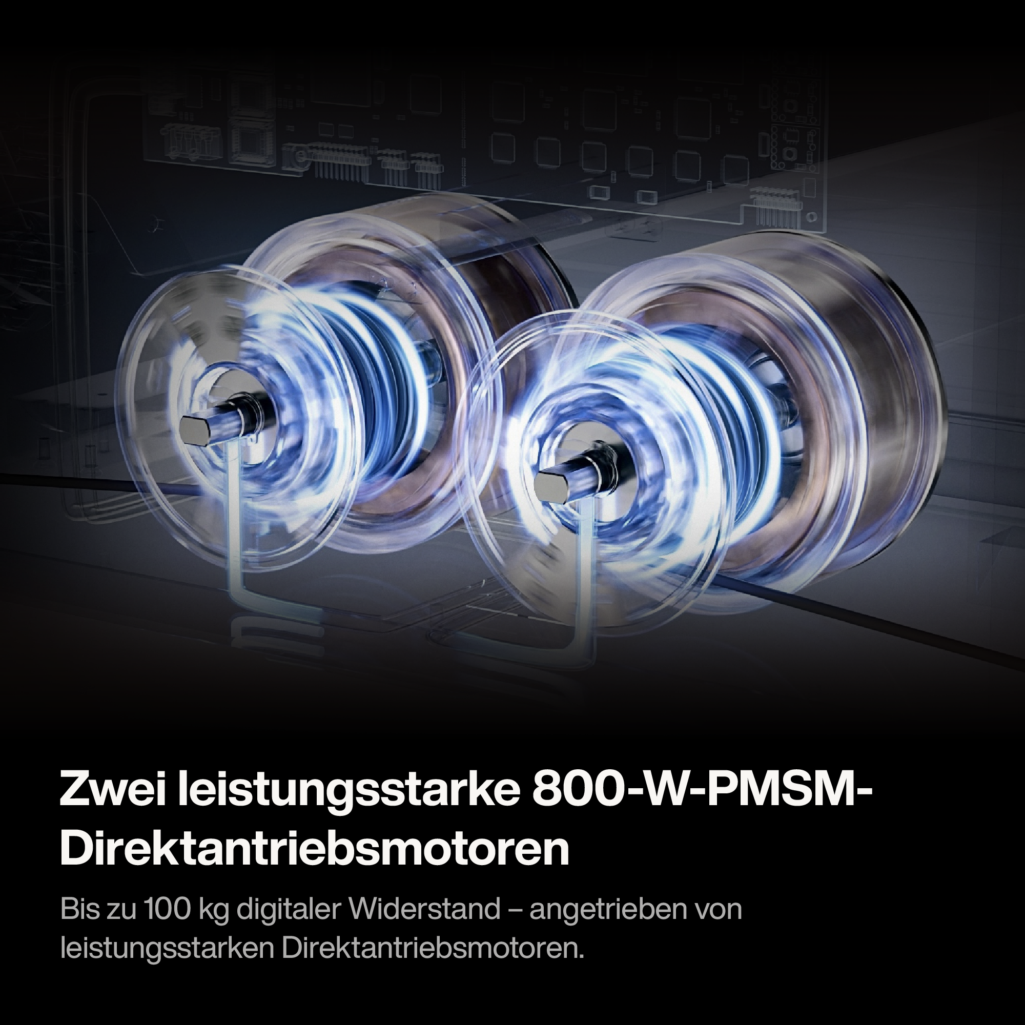 Zwei starke 800-W-PMSM-Direktantriebsmotoren in einem dunklen, transparenten Gehäuse mit blauem Licht.