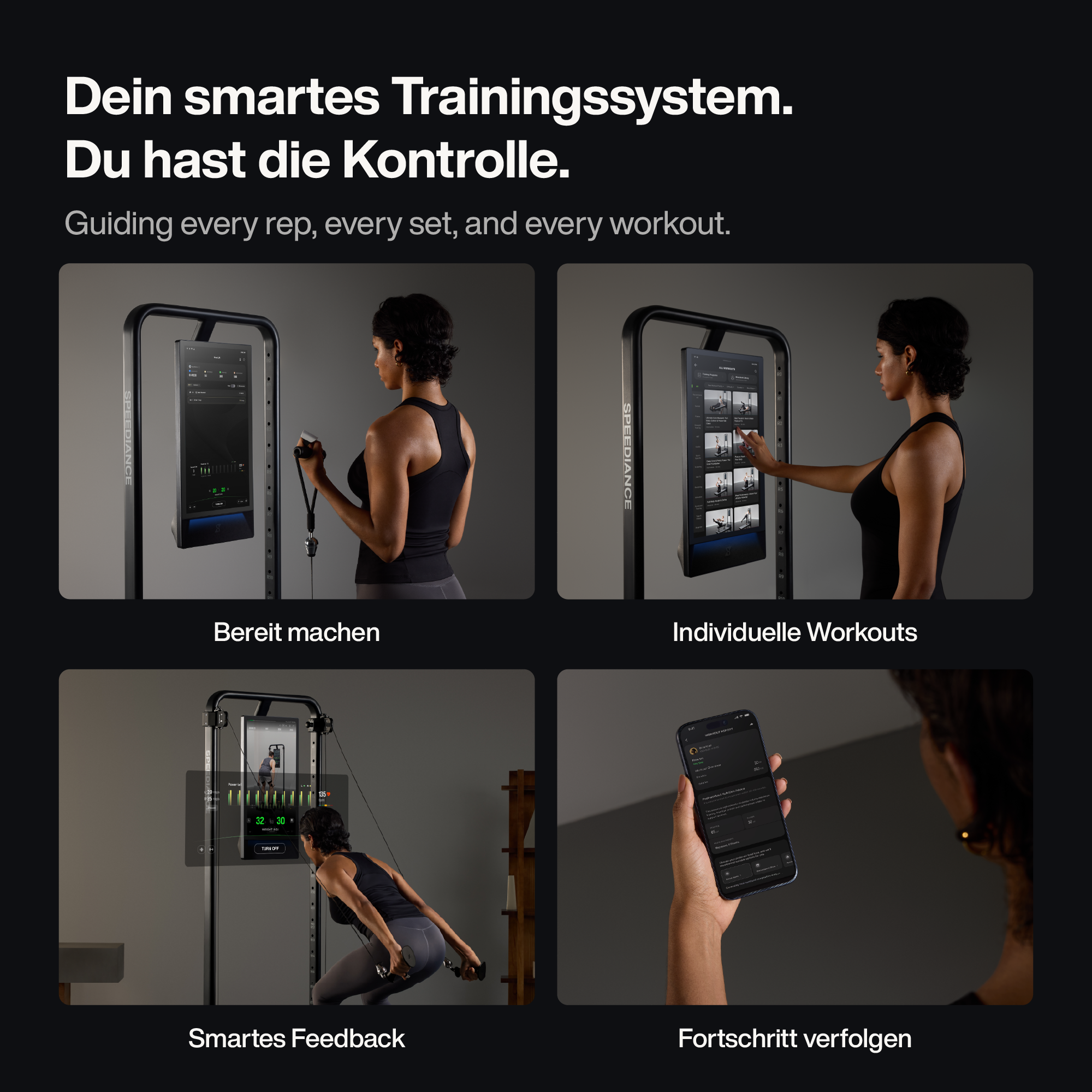 Ein Fitnessposter zeigt eine Frau bei verschiedenen Übungen an einem intelligenten Trainingssystem mit Touchscreen.