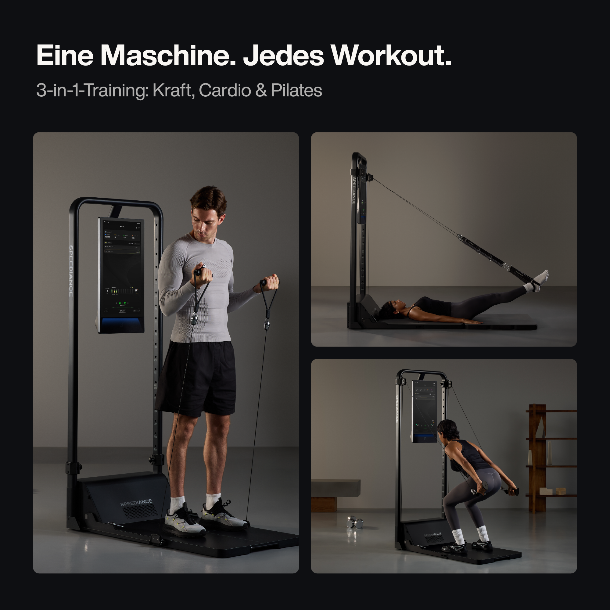 Werbung für ein Fitnessgerät mit drei Trainingsbildern für Kraft, Cardio und Pilates.