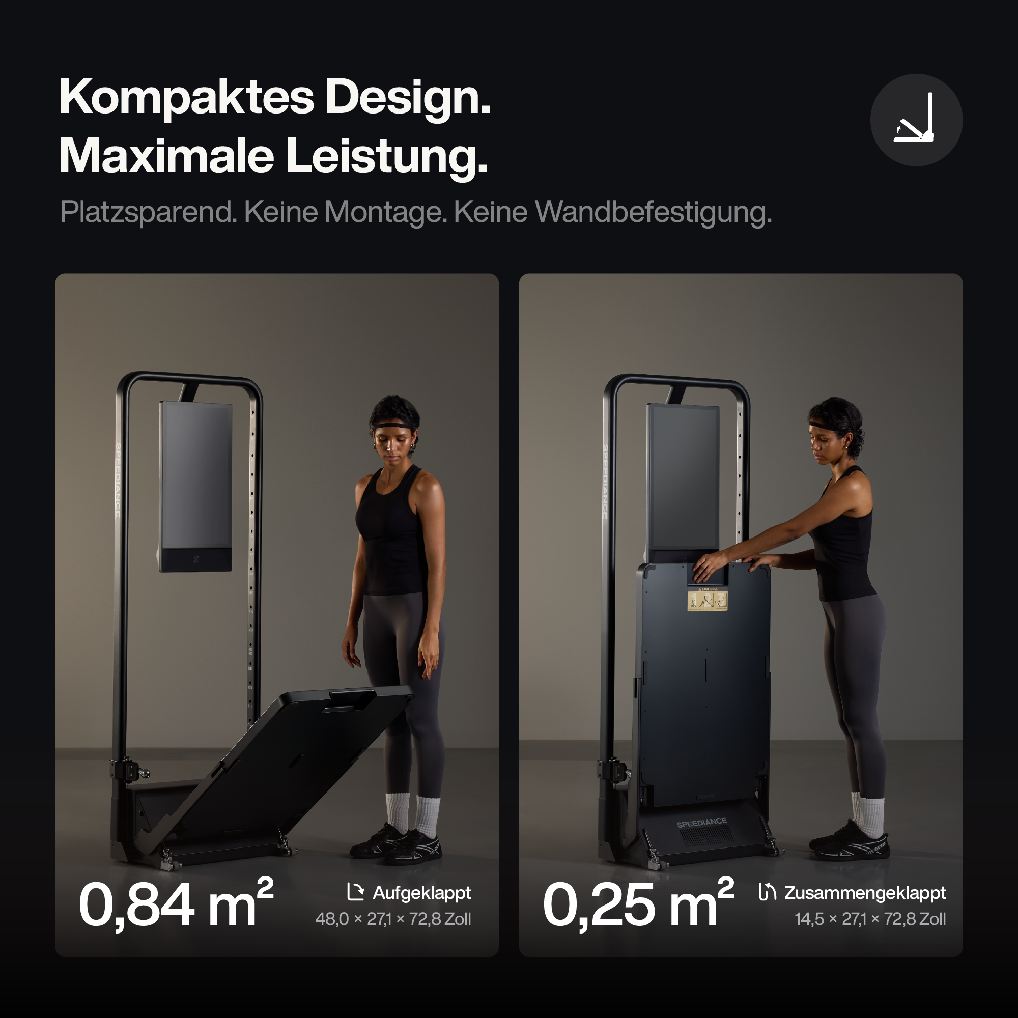 Eine Frau faltet ein kompaktes Fitnessgerät von 0,84 qm auf 0,25 qm zusammen.