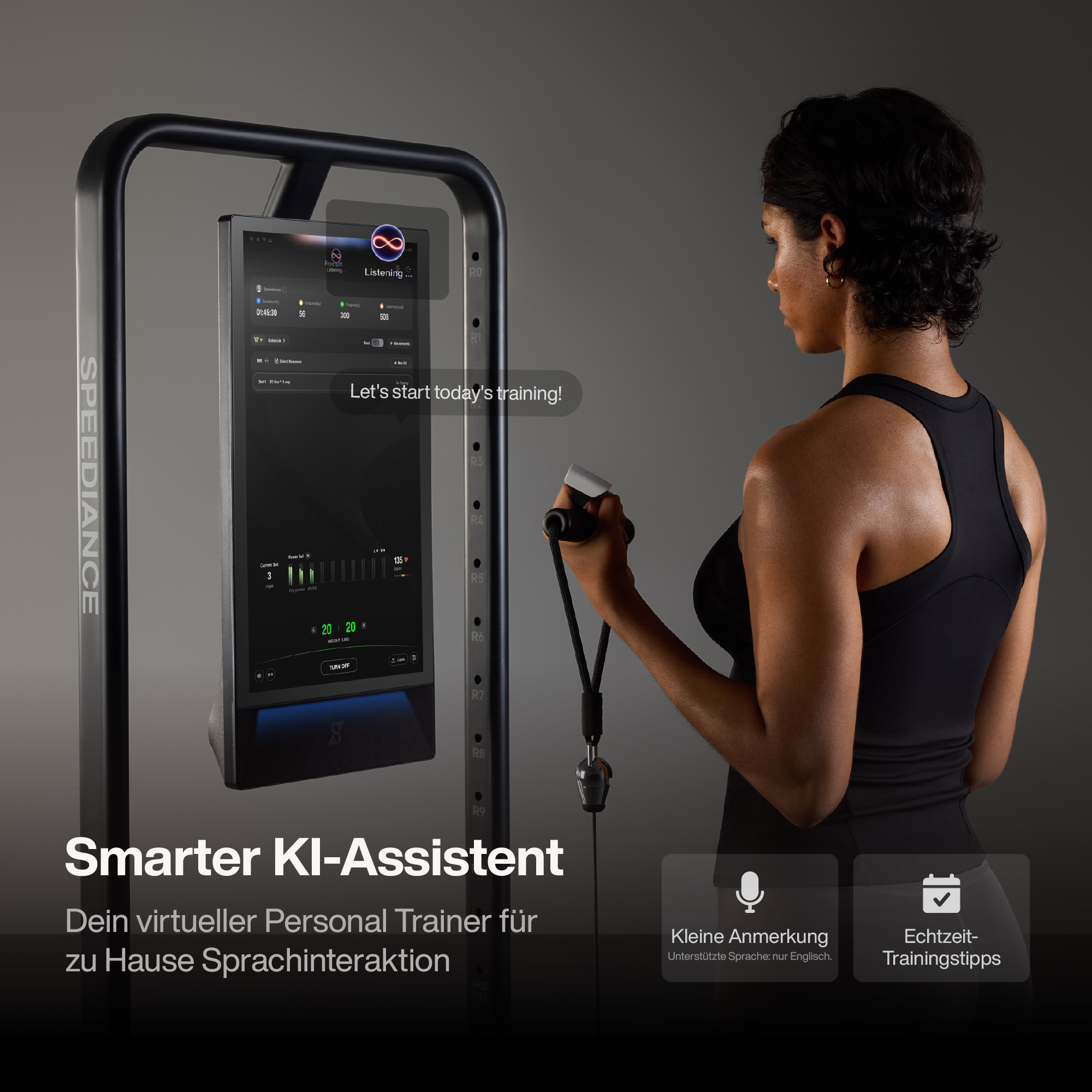 Eine Frau in Sportkleidung nutzt ein digitales Trainingsgerät mit Bildschirm für interaktives Coaching zu Hause.