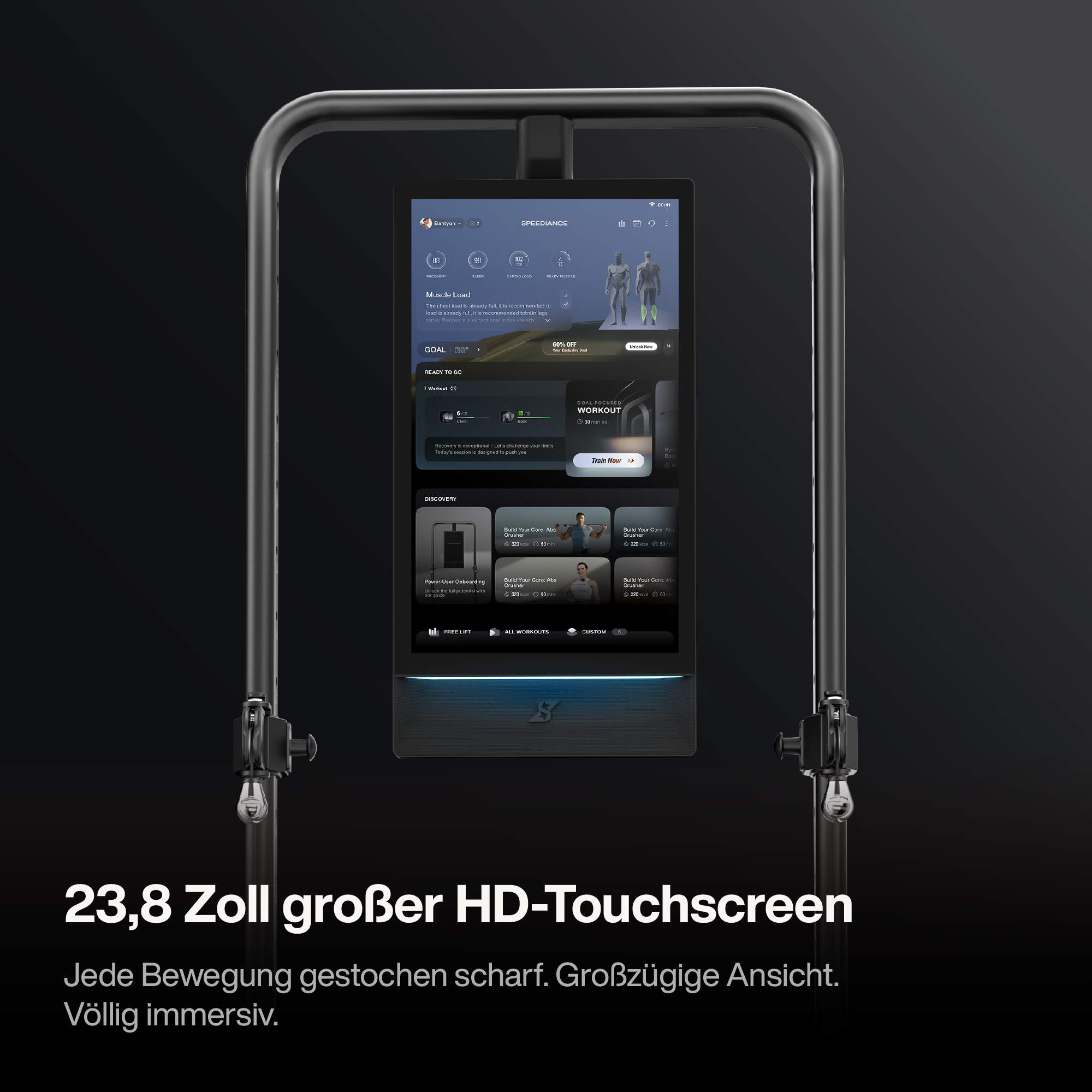 Ein 23,8-Zoll-HD-Touchscreen-Fitnessgerät zeigt Trainingsdaten und Übungsmenüs in dunkler Umgebung.