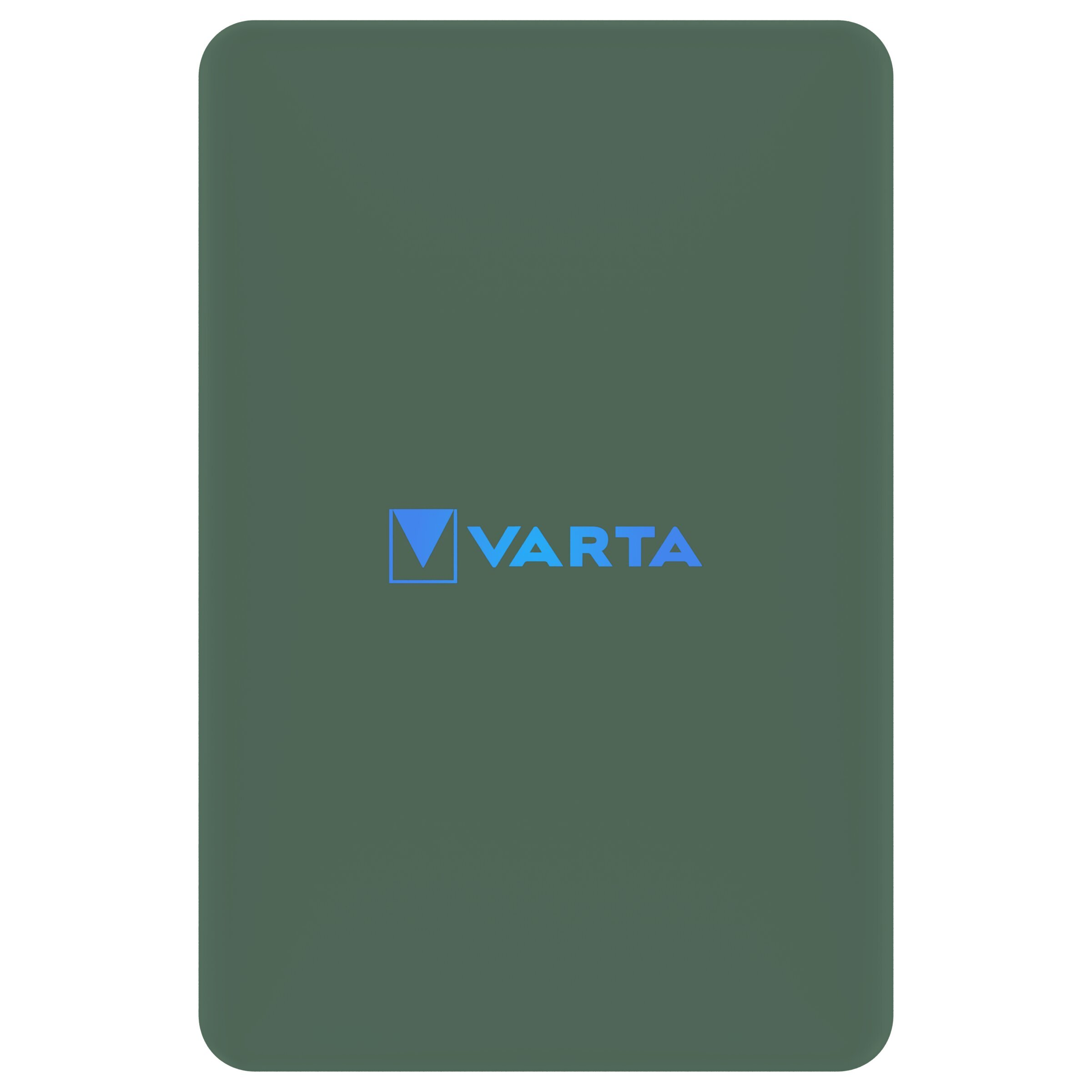Dunkelgrünes vertikales Rechteck mit abgerundeten Ecken und dem blauen VARTA-Logo in der Mitte.