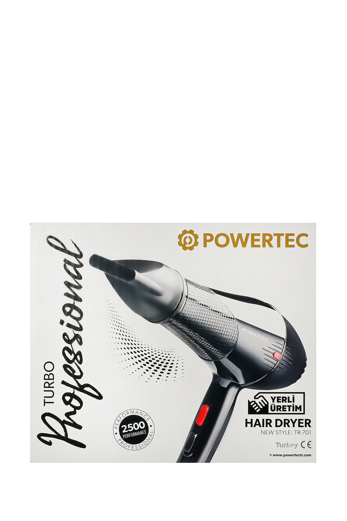 Beyaz arka planda Turbo Professional yazısı bulunan Powertec saç kurutma makinesi ürün ambalajı.