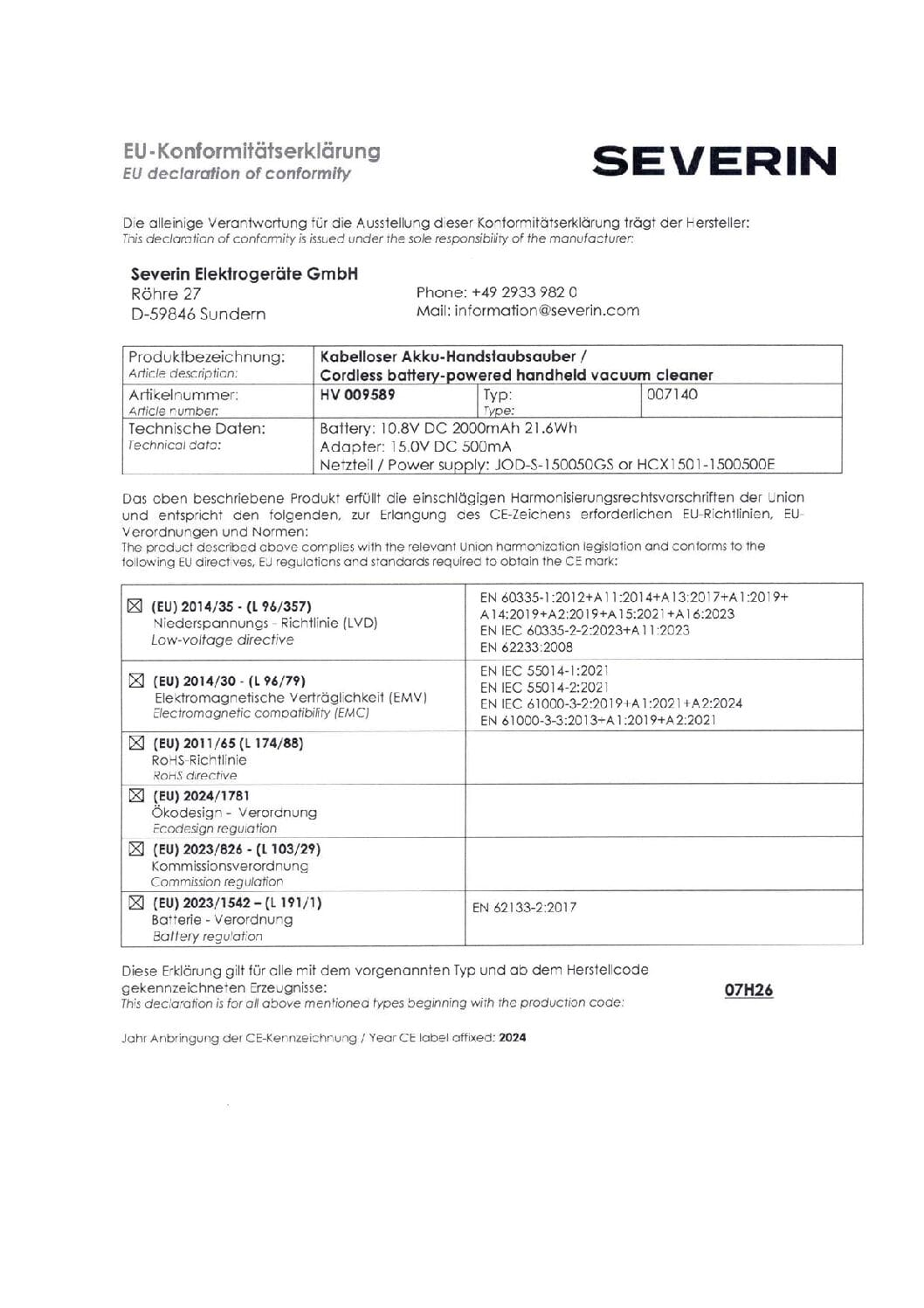 Déclaration UE de conformité pour aspirateur à main Severin avec détails et normes.