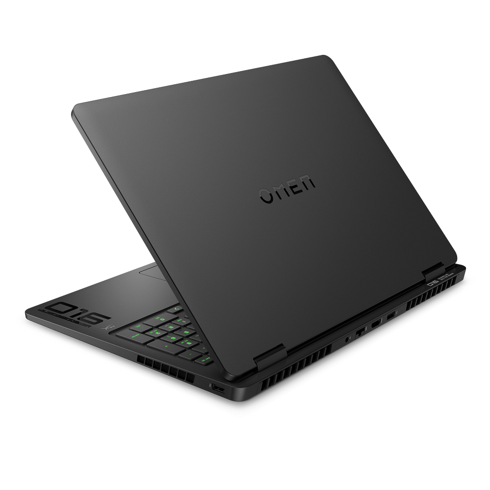 Siyah arka planda yeşil arkadan aydınlatmalı tuşlara sahip siyah bir HP Omen 16 dizüstü bilgisayar.