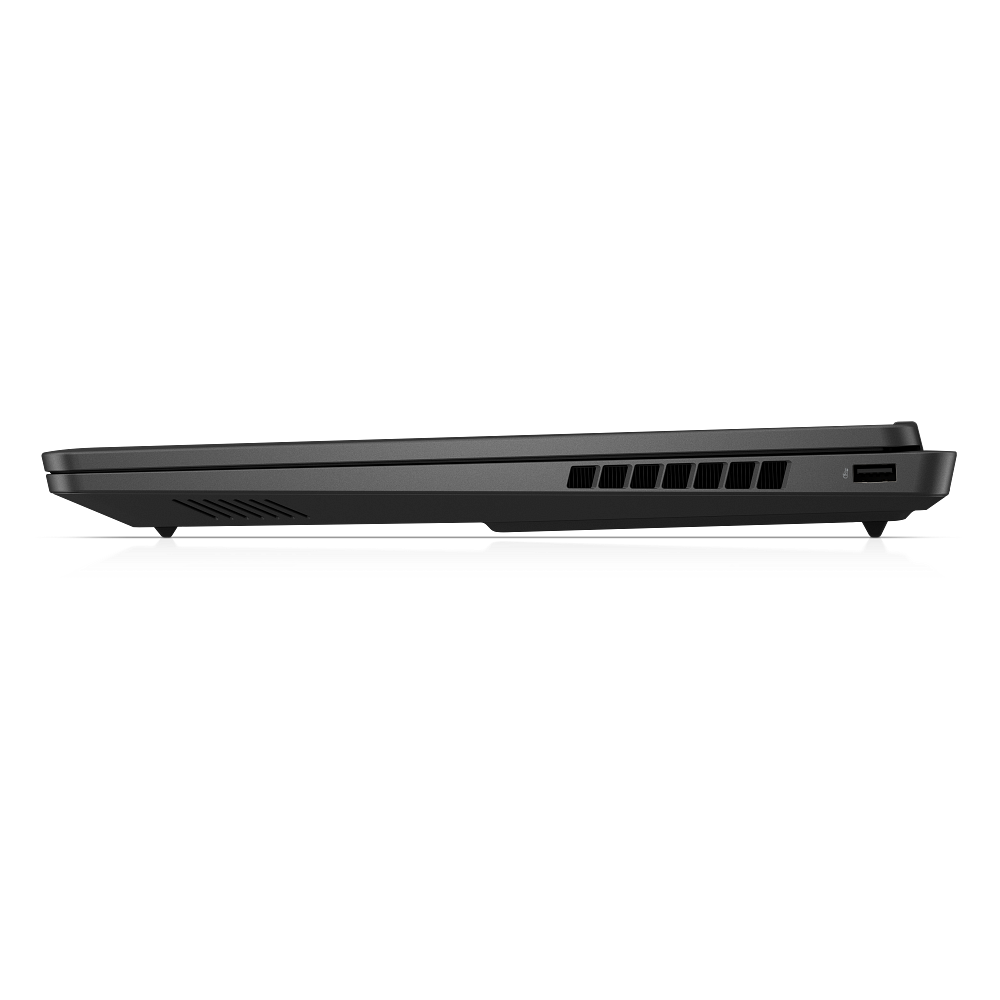 Siyah arka planda havalandırma delikleri ve bir USB bağlantı noktası görünen kapalı siyah dizüstü bilgisayarın yan görünümü.