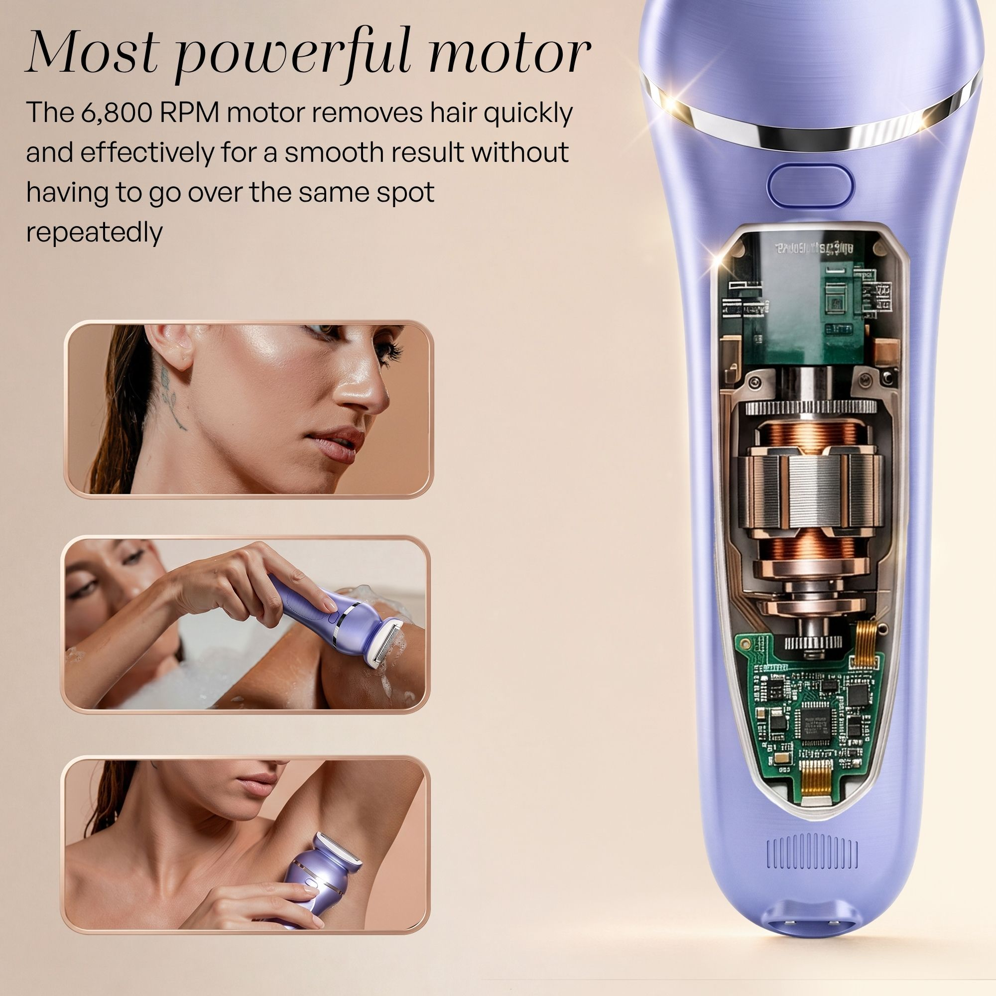 Un épilateur violet avec son moteur visible à l'intérieur, accompagné d'images d'une femme l'utilisant sur le bras et l'aisselle.