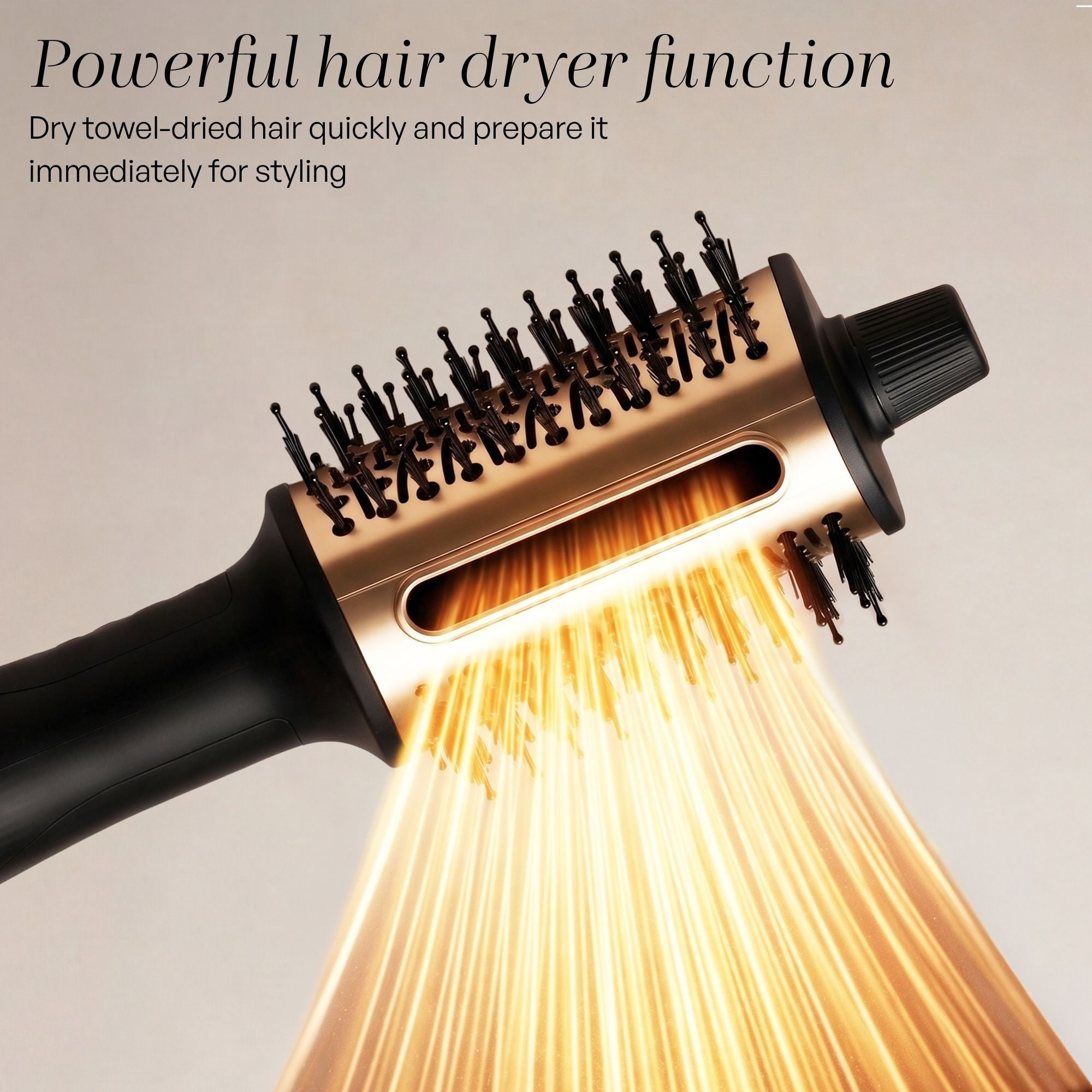 Eine schwarz-goldene Haartrocknerbürste strahlt helles goldenes Licht ab, mit Text oben.
