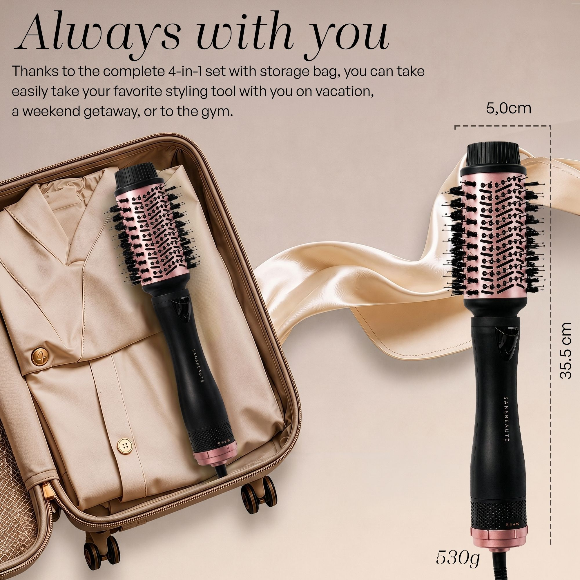 Pink and black hair styling brush in a suitcase, with dimension lines indicating 5.0cm and 35.5cm.