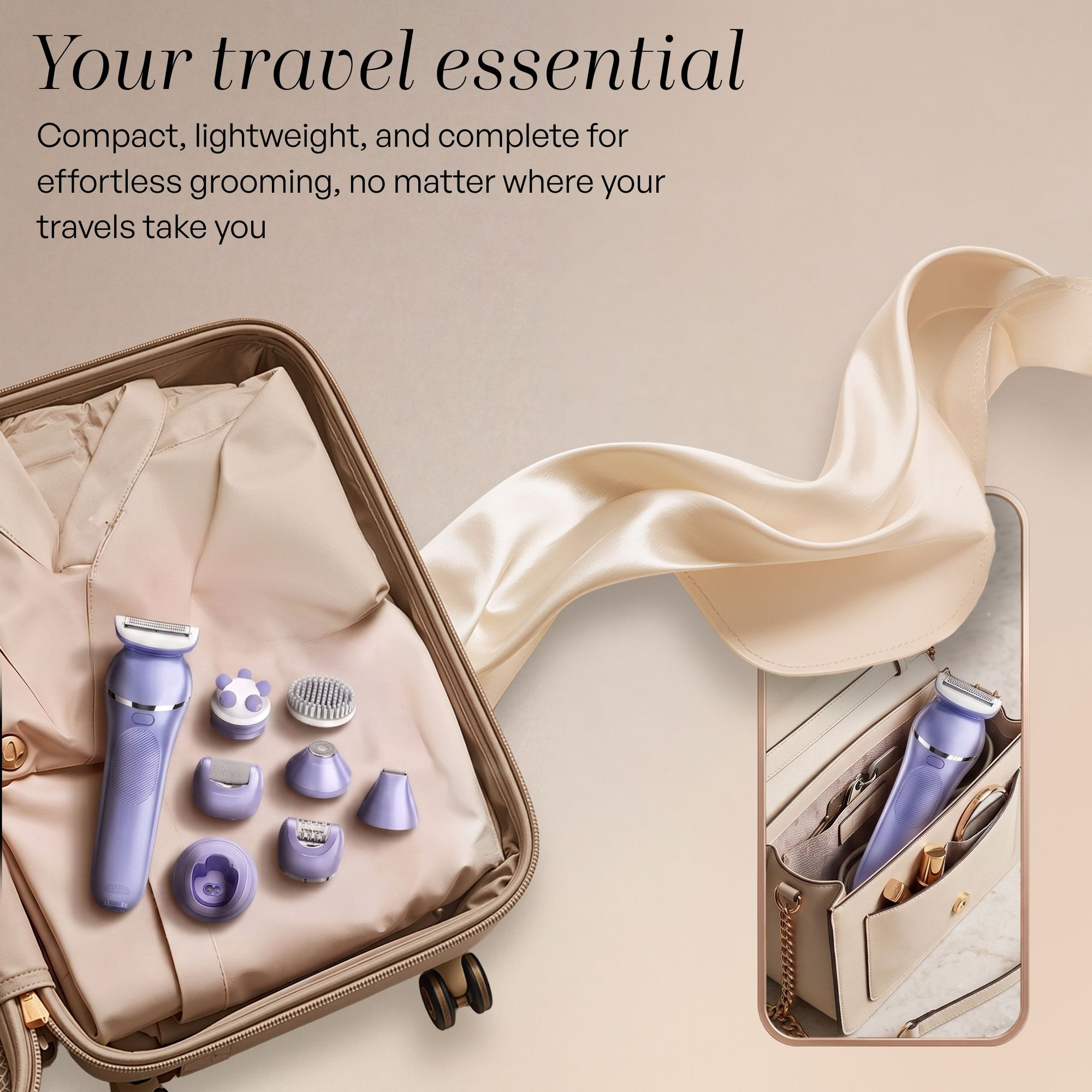 Valise avec rasoir violet, accessoires et tissu en soie; à droite, un sac à main.