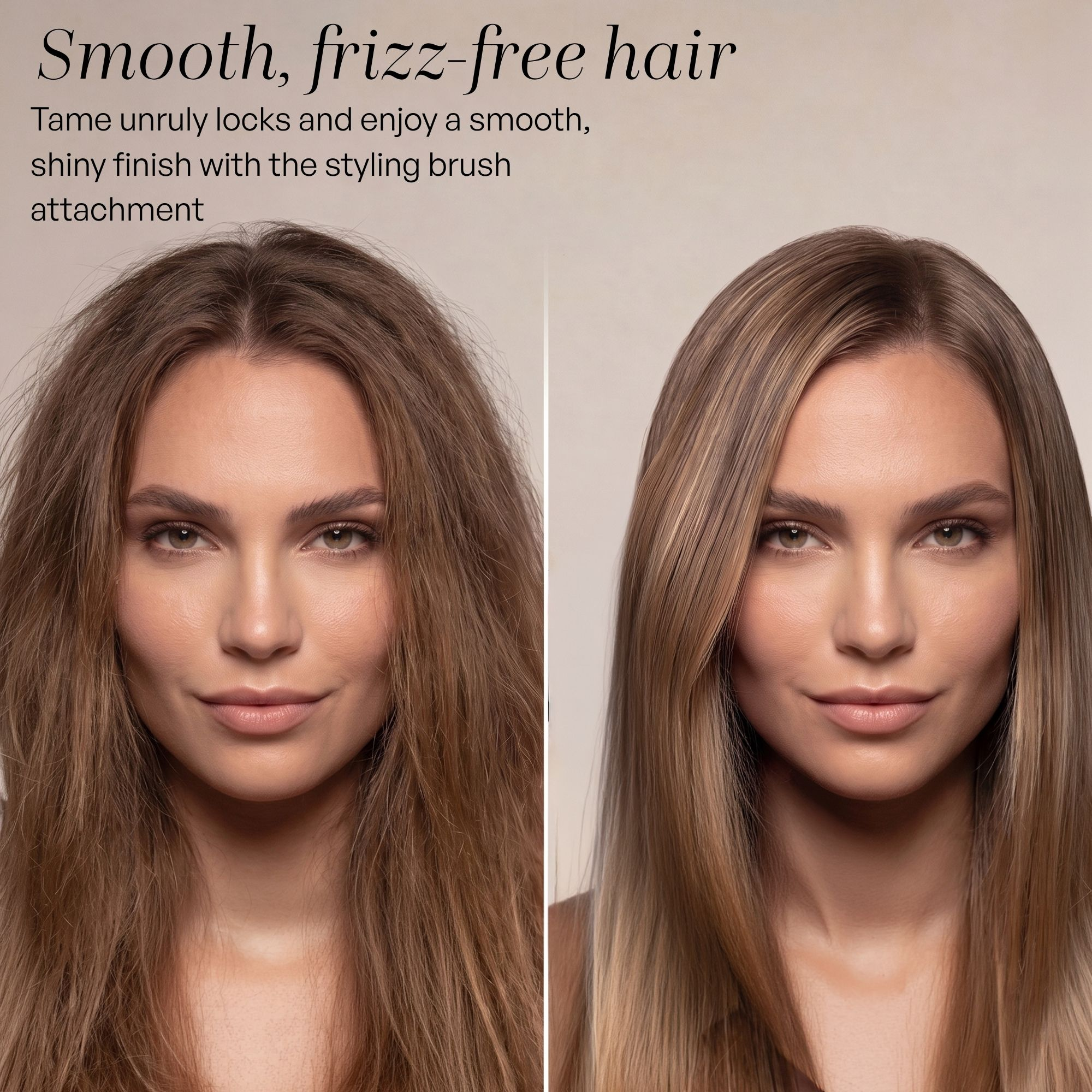 Vorher-Nachher-Vergleich zeigt frizziges Haar links und glattes, glänzendes Haar rechts.