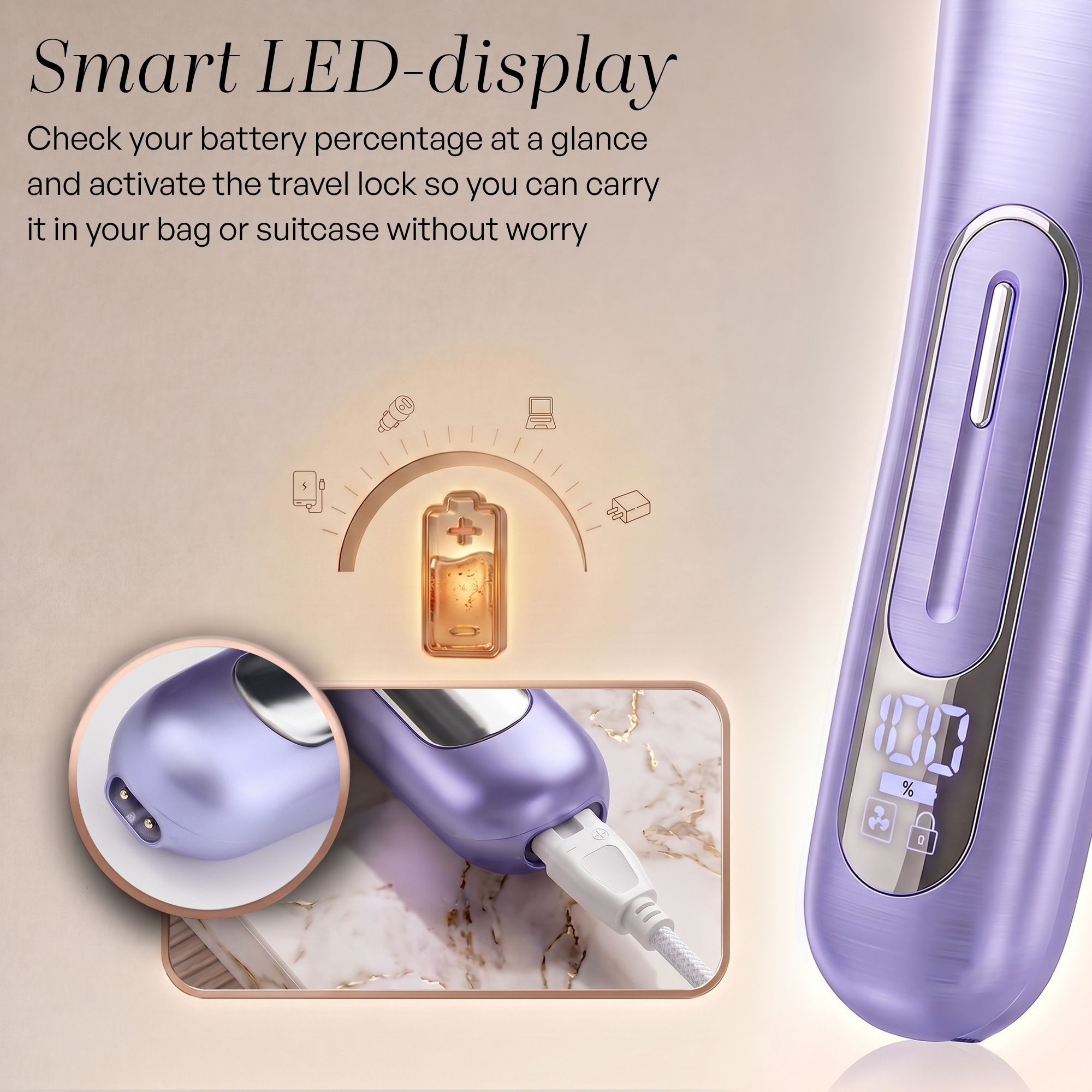 Appareil d'épilation violet avec écran LED, port de charge et texte sur l'écran LED intelligent et la batterie.