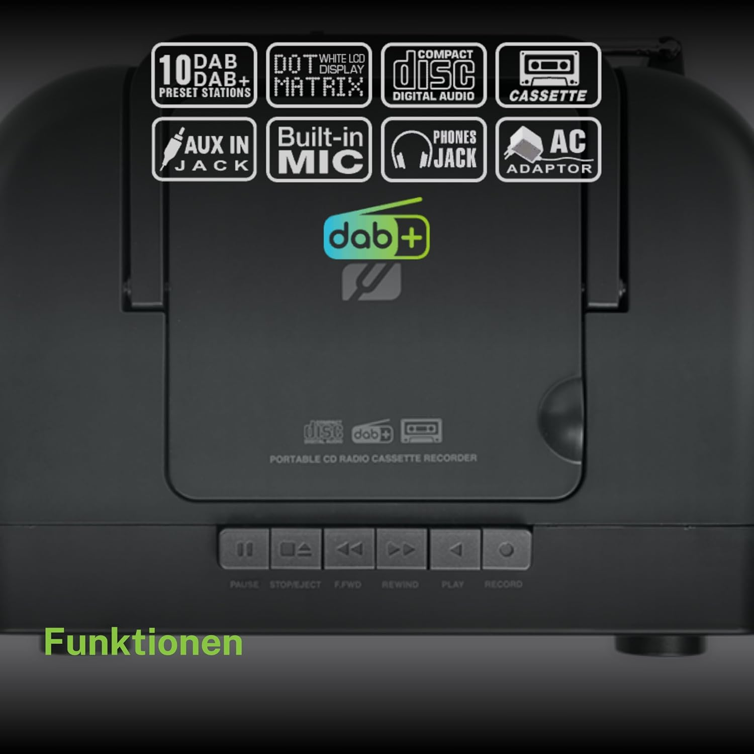 Ein schwarzer tragbarer CD-, Radio- und Kassettenrekorder mit Symbolen für Funktionen wie DAB+, CD, Kassetten, Aux-In und AC-Adapter.
