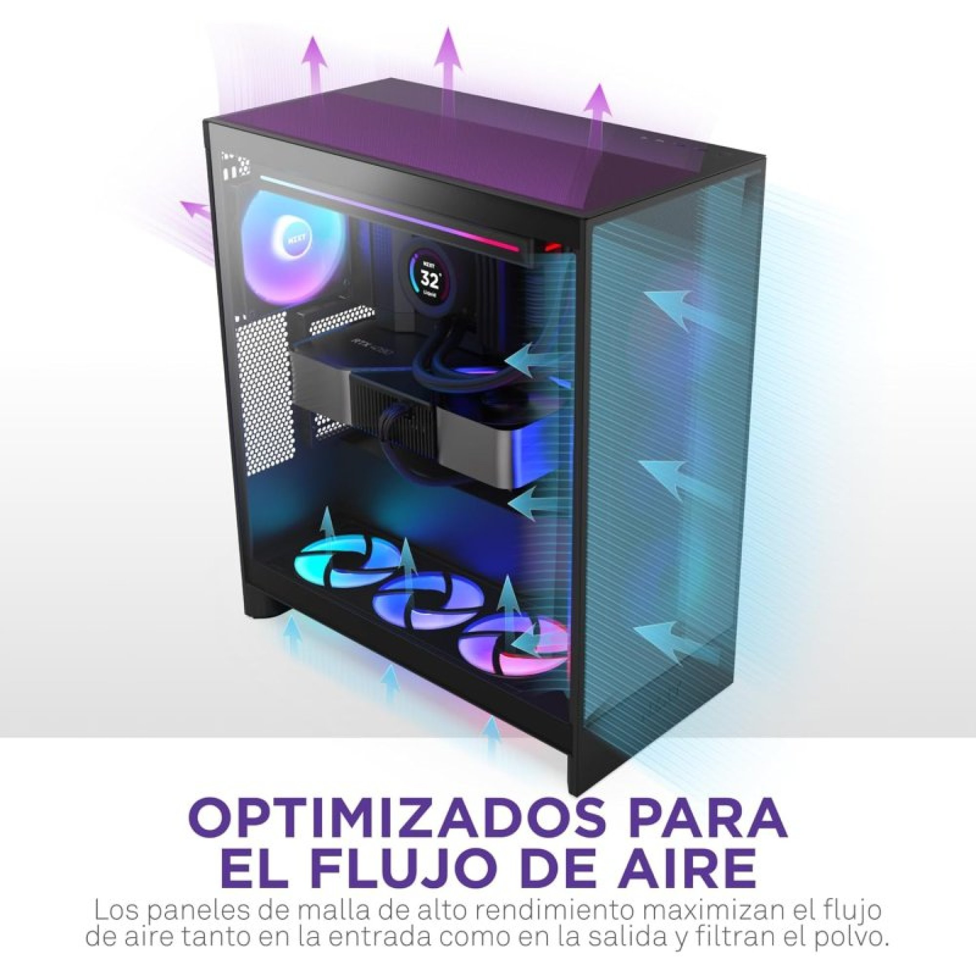 Un boîtier de PC avec des ventilateurs lumineux et des flèches indiquant le flux d'air optimisé.