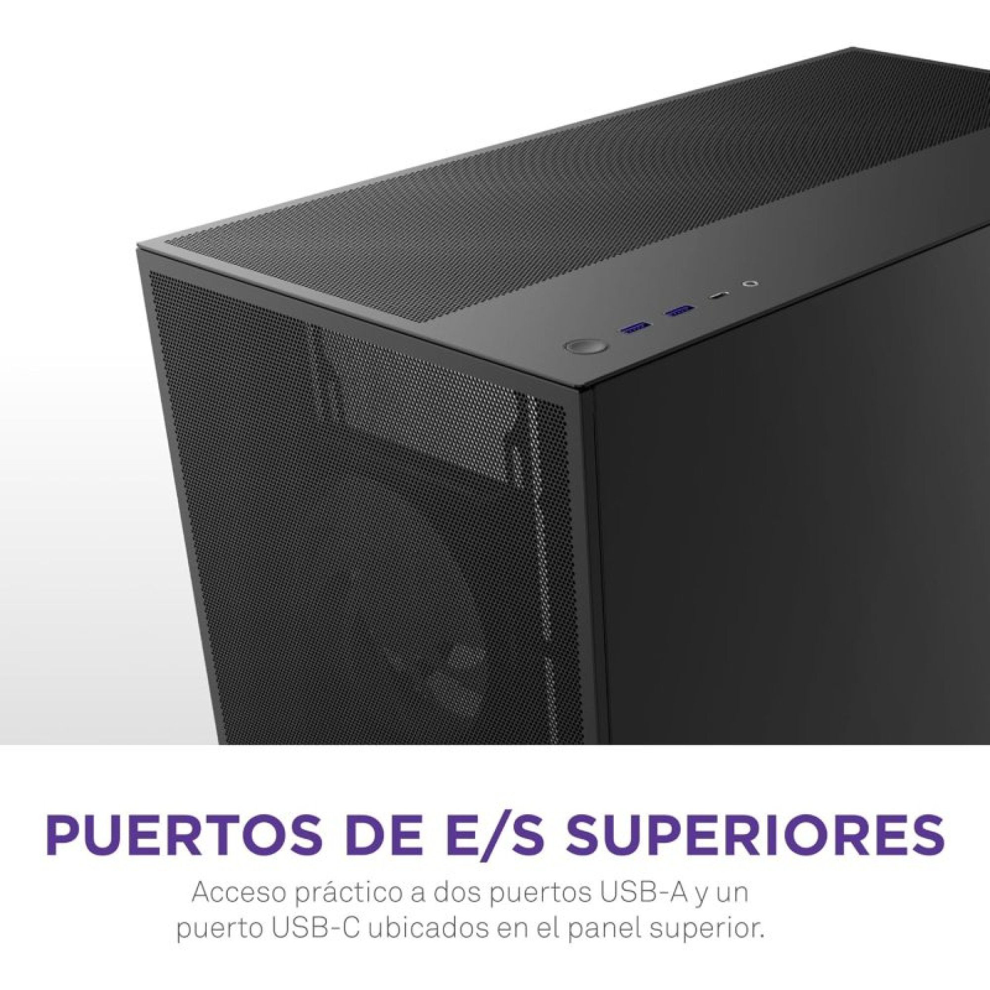 Panneau E/S supérieur d'un boîtier de PC noir avec ports USB et bouton d'alimentation.