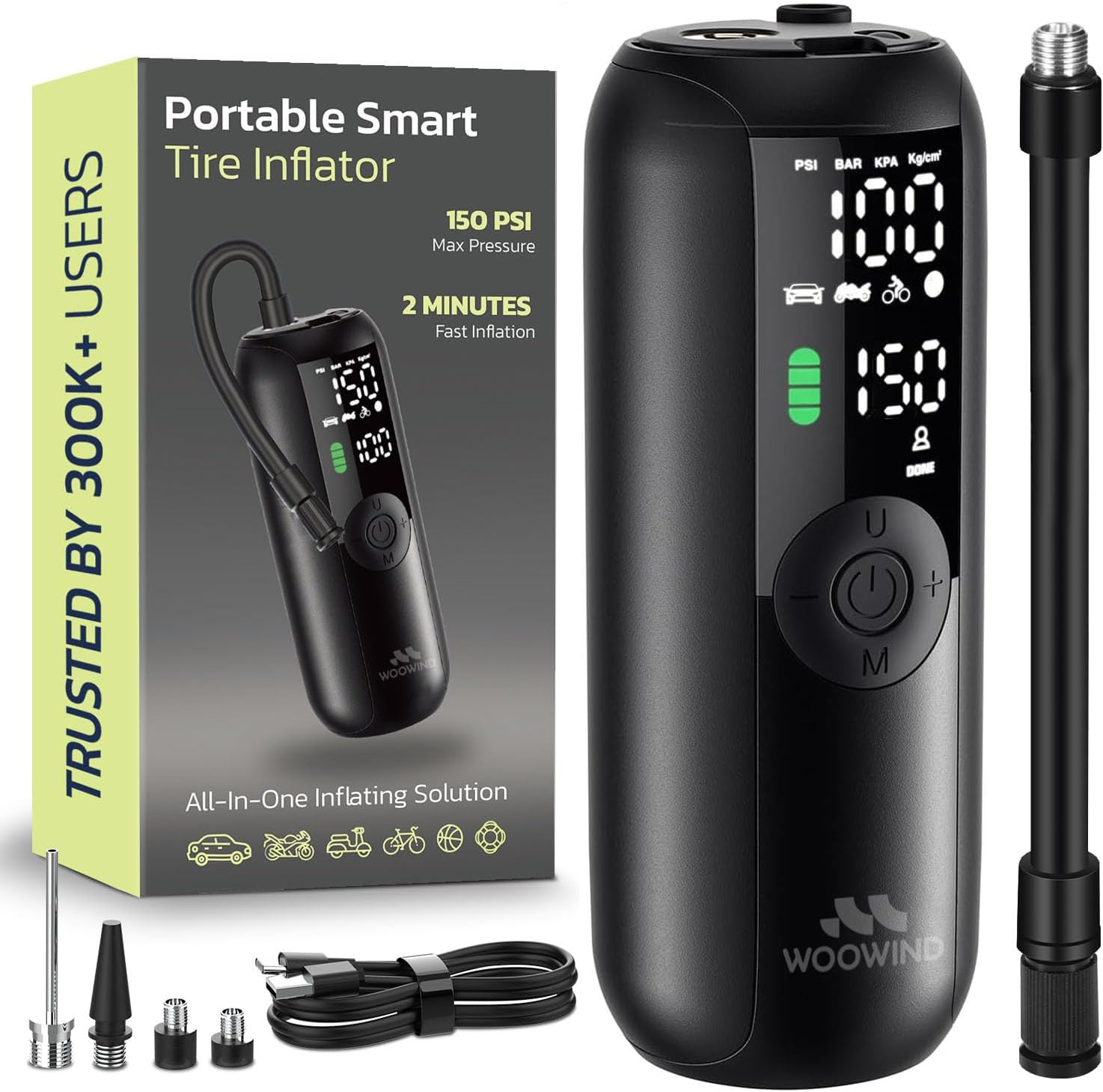 Un gonfleur de pneu intelligent portable noir avec écran numérique, aux côtés de sa boîte, de son tuyau et d'accessoires.