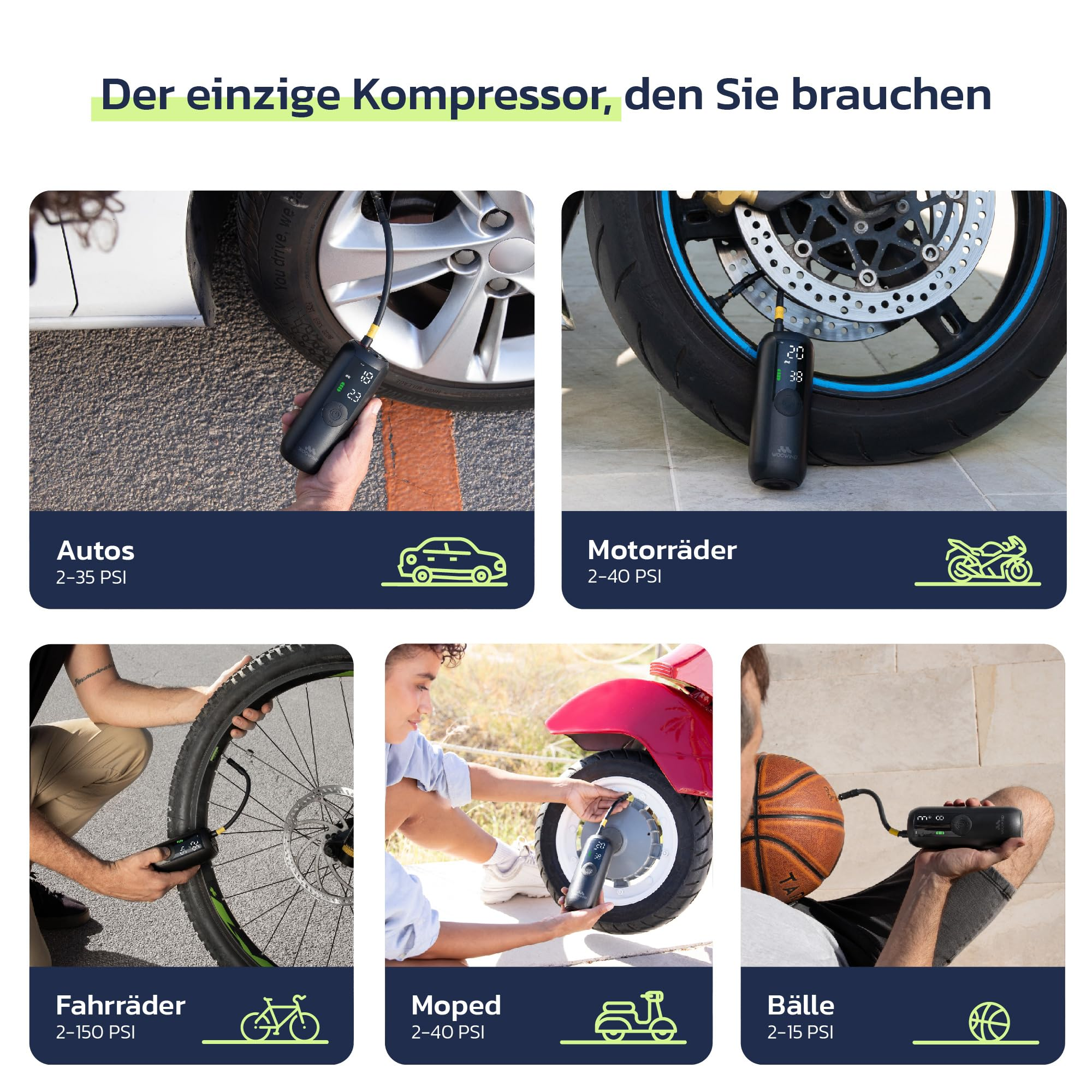 Un compresseur d'air portable gonfle des pneus de voitures, motos, vélos, cyclomoteurs et ballons.
