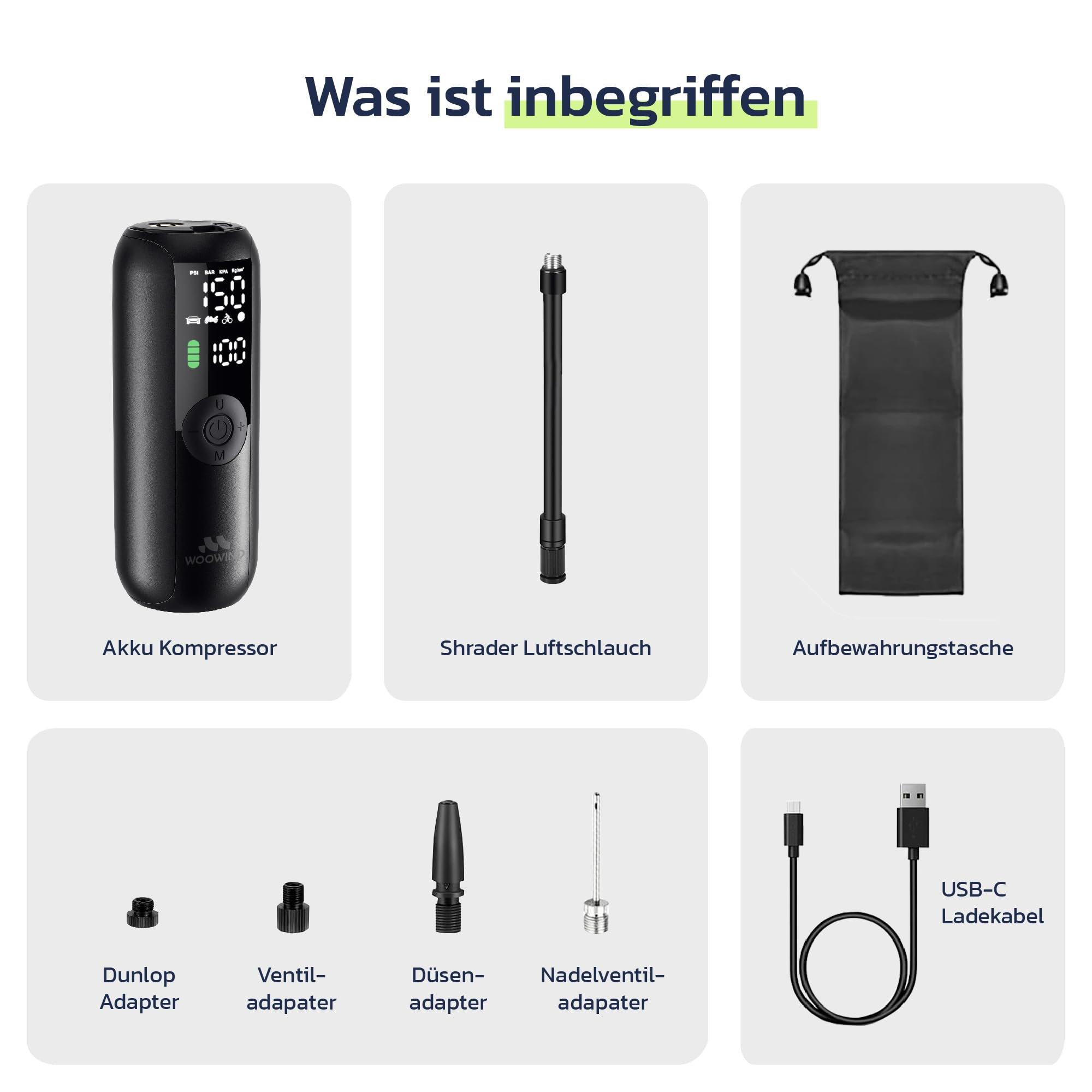 Compresseur d'air sans fil, tuyau, sac de rangement, adaptateurs de valve, buse, aiguille et câble USB-C.