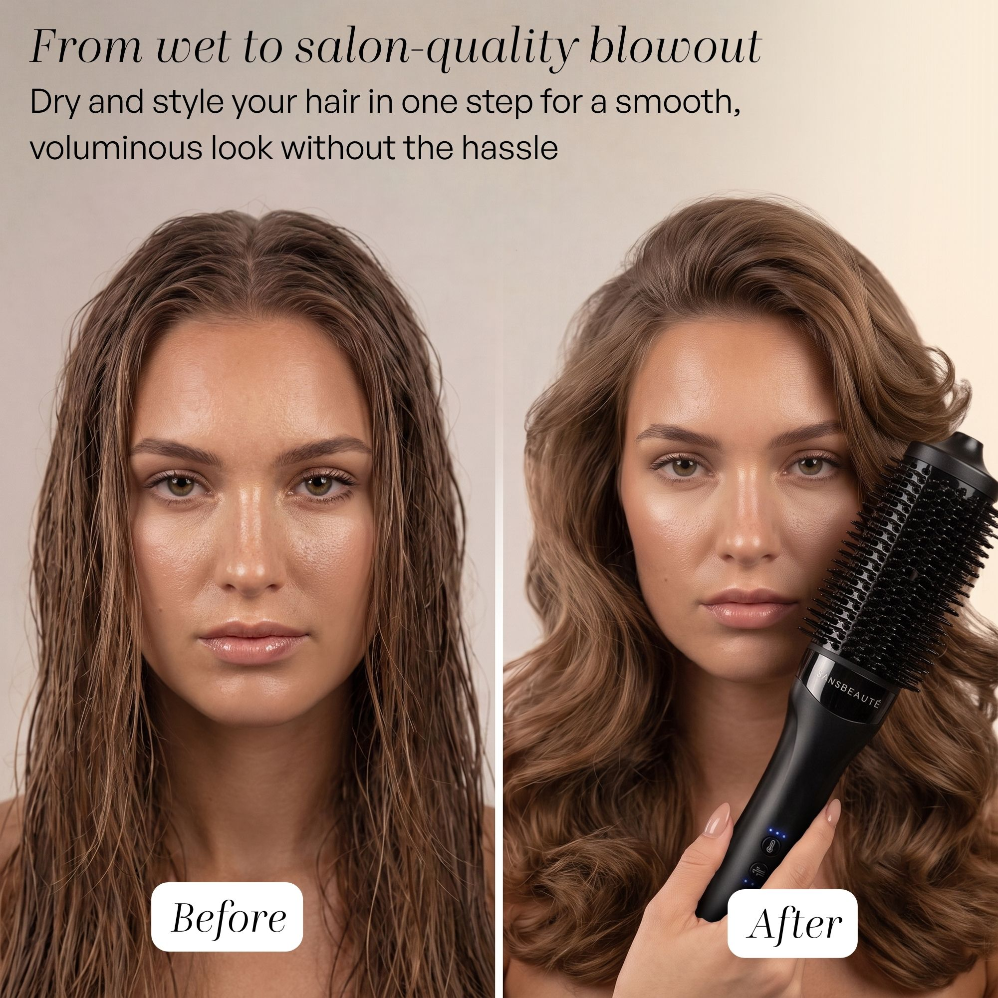 Before and after comparison of a woman with wet hair versus styled, voluminous hair using a hair dryer brush.