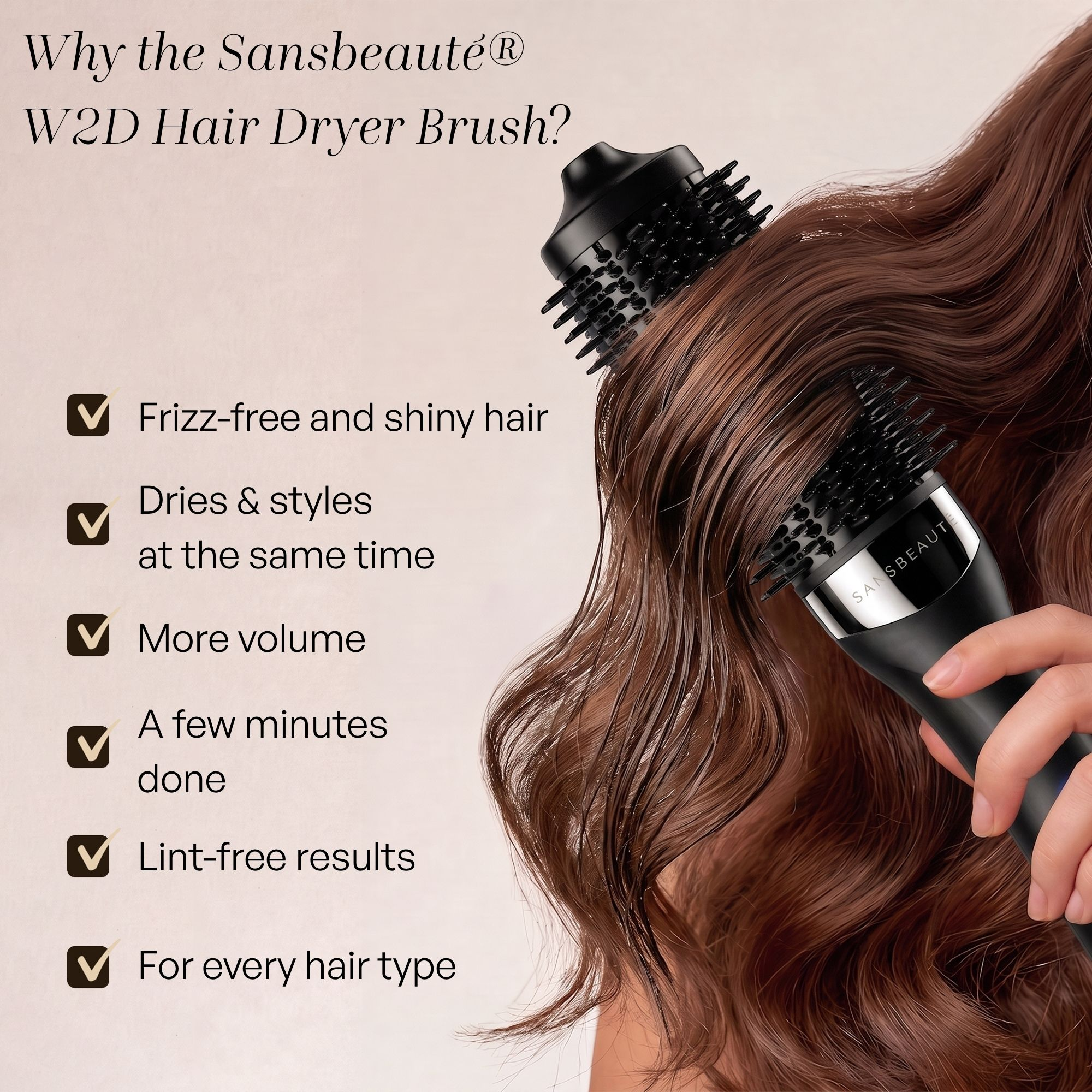 A hand holds a black hair dryer brush styling long brown wavy hair, with promotional text on the left.