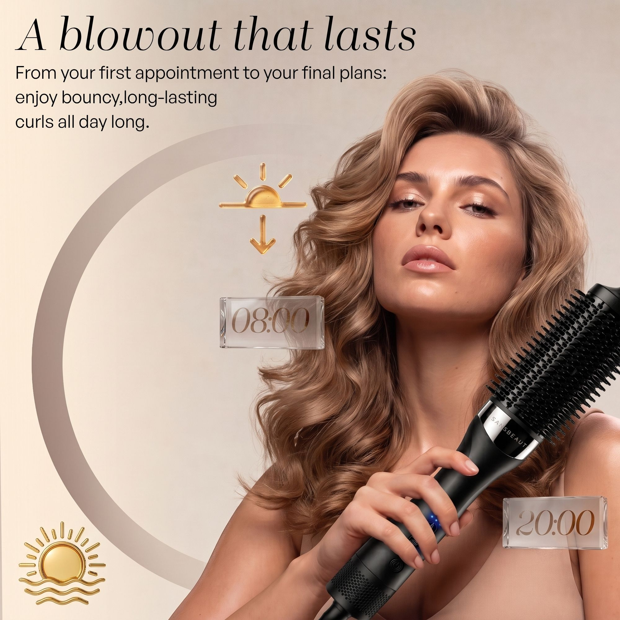 Une femme aux cheveux volumineux tient une brosse coiffante noire sur un fond beige avec des graphismes de soleil et d'heure.